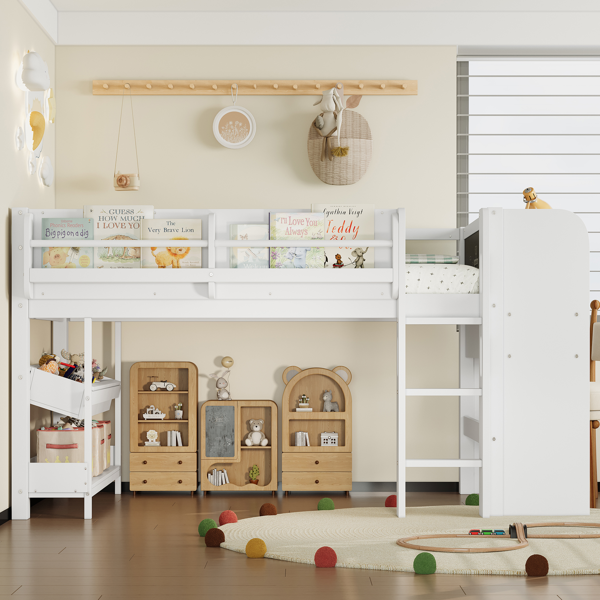 Twin Loft Bed with Multi-storage Bookcases, Boxes and Drawers, Solid Wood Low Loft Beds with Desk and Blackboard, No Box Spring Needed, White - Image 2