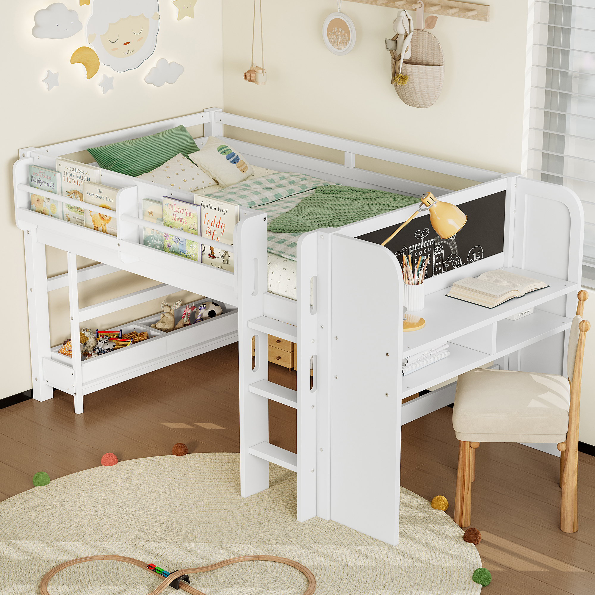 Twin Loft Bed with Multi-storage Bookcases, Boxes and Drawers, Solid Wood Low Loft Beds with Desk and Blackboard, No Box Spring Needed, White - Image 3