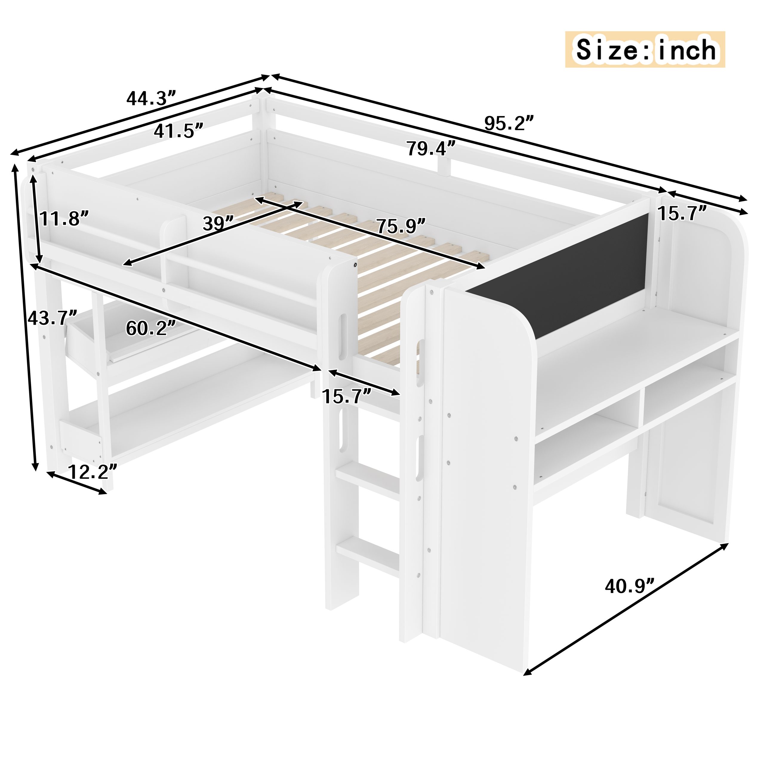 Twin Loft Bed with Multi-storage Bookcases, Boxes and Drawers, Solid Wood Low Loft Beds with Desk and Blackboard, No Box Spring Needed, White - Image 4