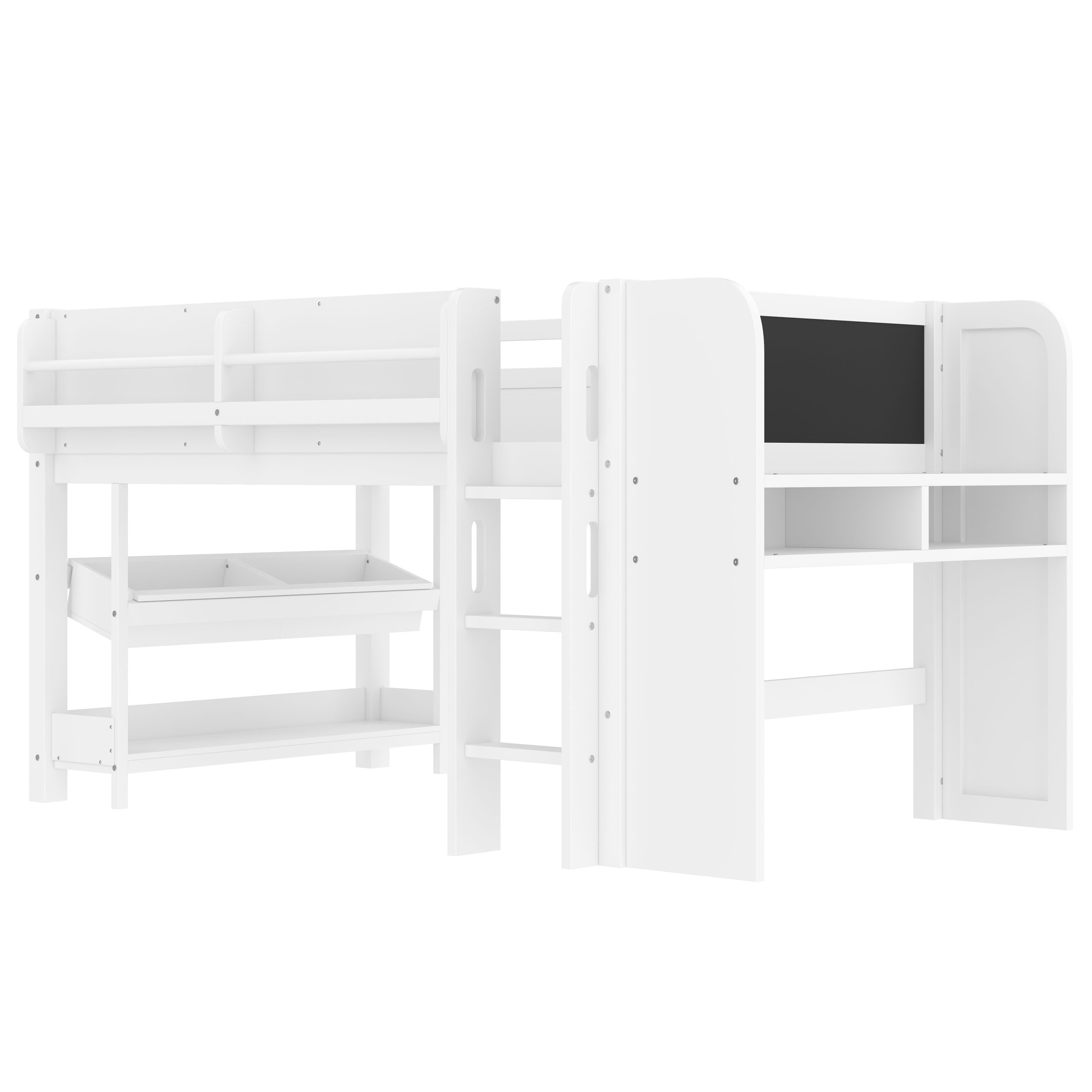 Twin Loft Bed with Multi-storage Bookcases, Boxes and Drawers, Solid Wood Low Loft Beds with Desk and Blackboard, No Box Spring Needed, White - Image 6