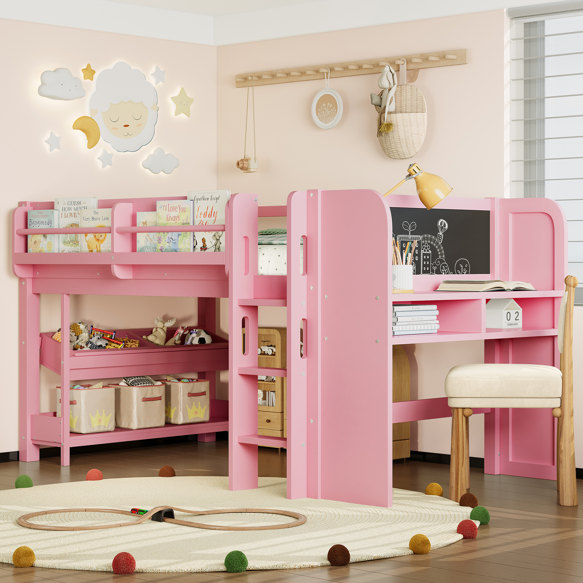 Twin Loft Bed with Multi-storage Bookcases, Boxes and Drawers, Solid Wood Low Loft Beds with Desk and Blackboard, No Box Spring Needed, Pink