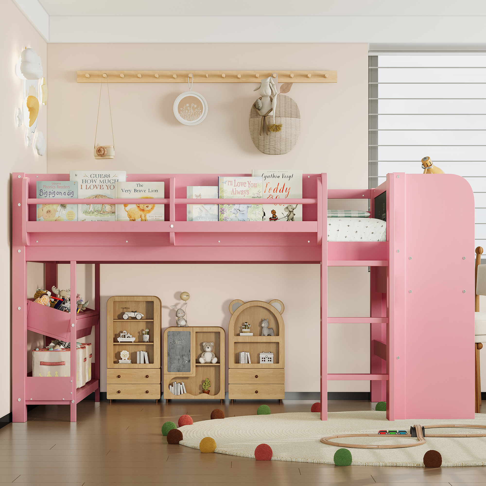 Twin Loft Bed with Multi-storage Bookcases, Boxes and Drawers, Solid Wood Low Loft Beds with Desk and Blackboard, No Box Spring Needed, Pink - Image 2
