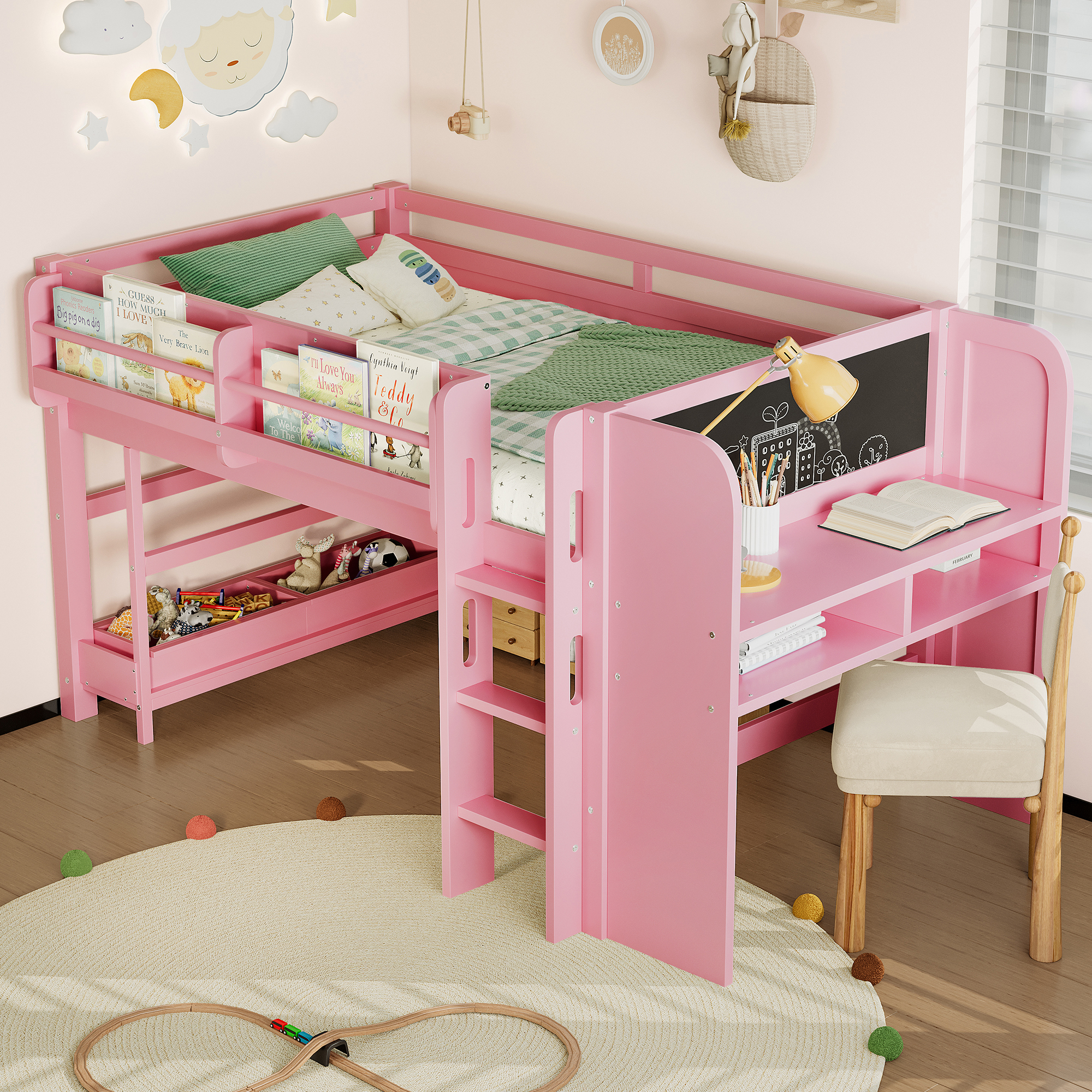 Twin Loft Bed with Multi-storage Bookcases, Boxes and Drawers, Solid Wood Low Loft Beds with Desk and Blackboard, No Box Spring Needed, Pink - Image 3