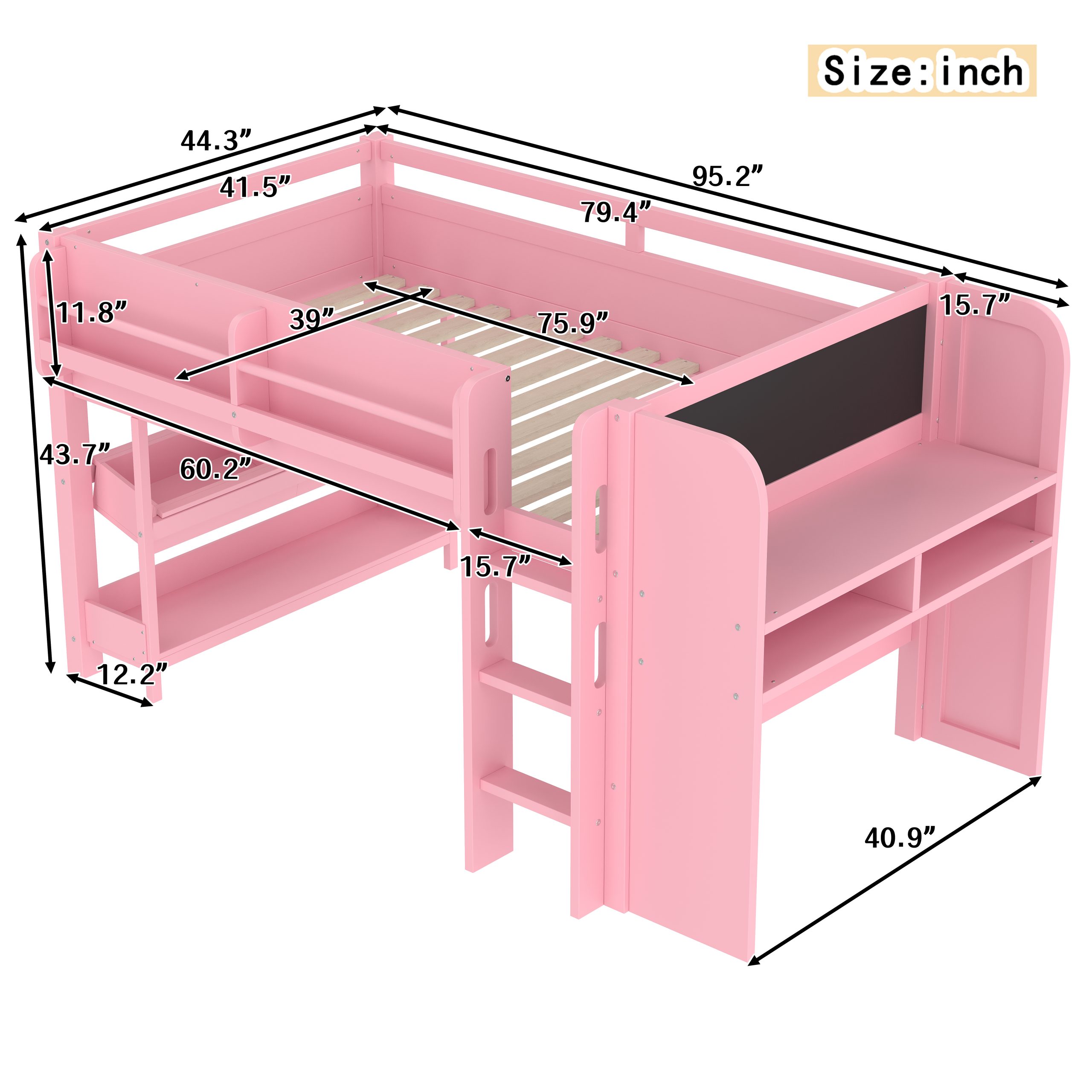 Twin Loft Bed with Multi-storage Bookcases, Boxes and Drawers, Solid Wood Low Loft Beds with Desk and Blackboard, No Box Spring Needed, Pink - Image 4