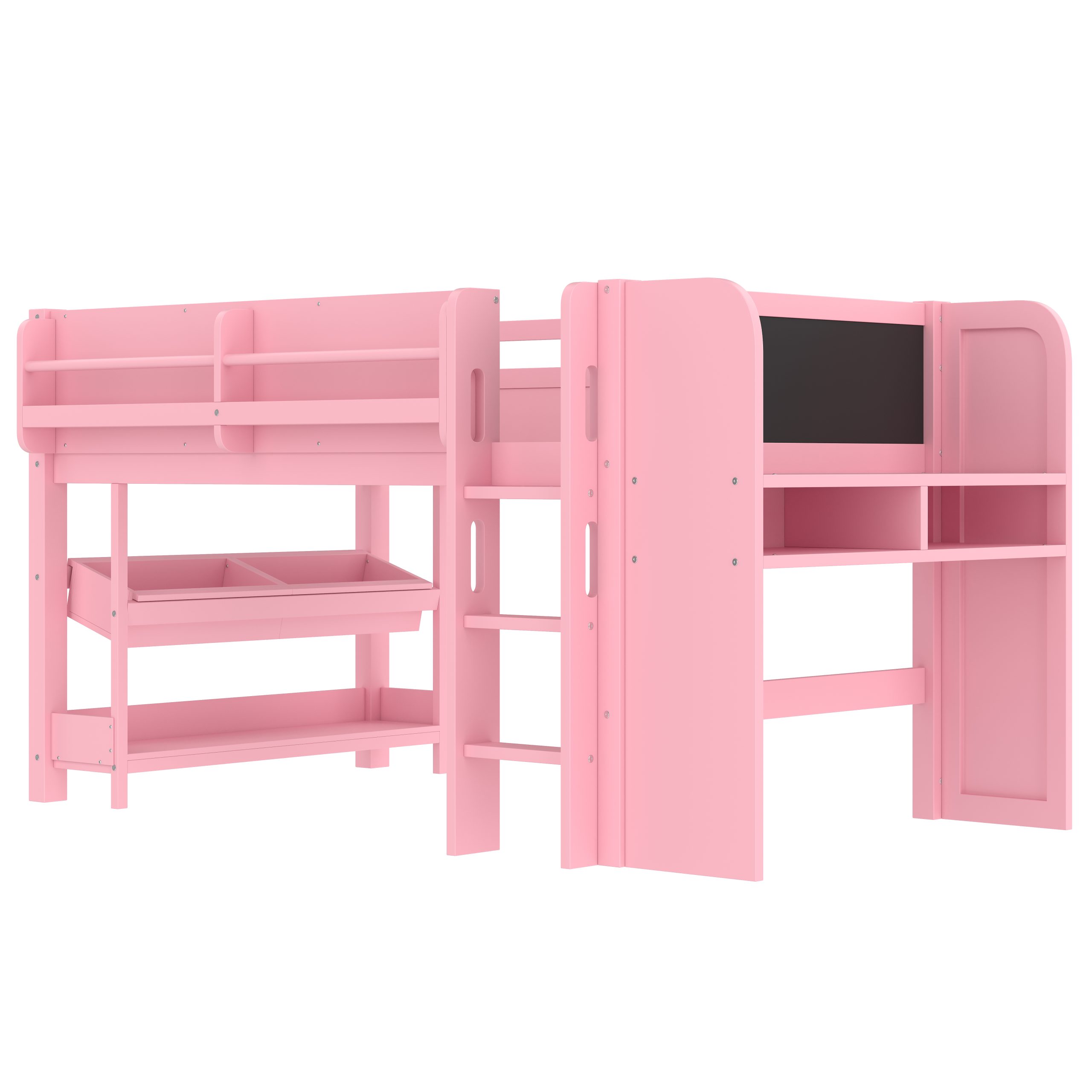 Twin Loft Bed with Multi-storage Bookcases, Boxes and Drawers, Solid Wood Low Loft Beds with Desk and Blackboard, No Box Spring Needed, Pink - Image 5