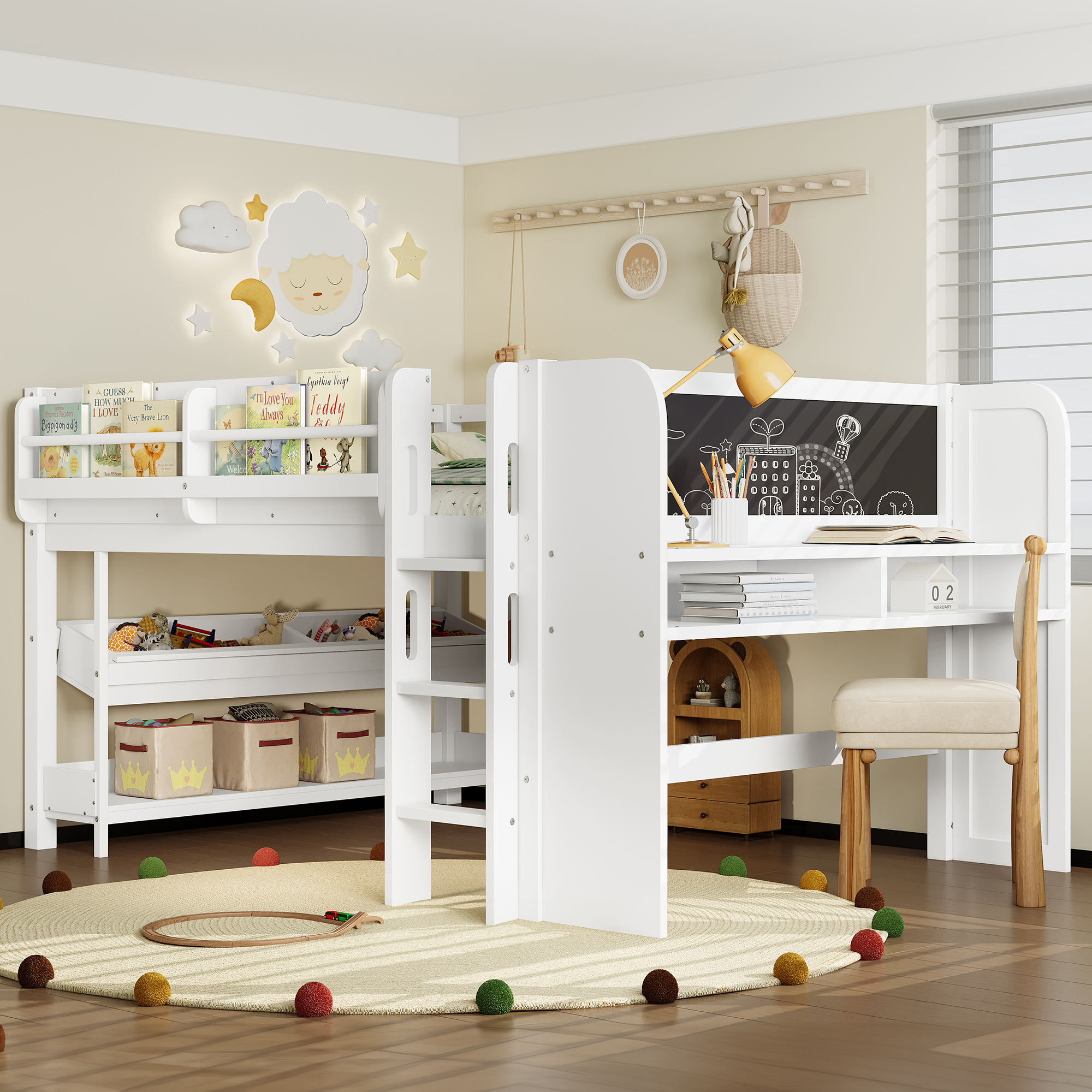 Full Loft Bed with Multi-storage Bookcases, Boxes and Drawers, Solid Wood Low Loft Beds with Desk and Blackboard, No Box Spring Needed, White - Image 2