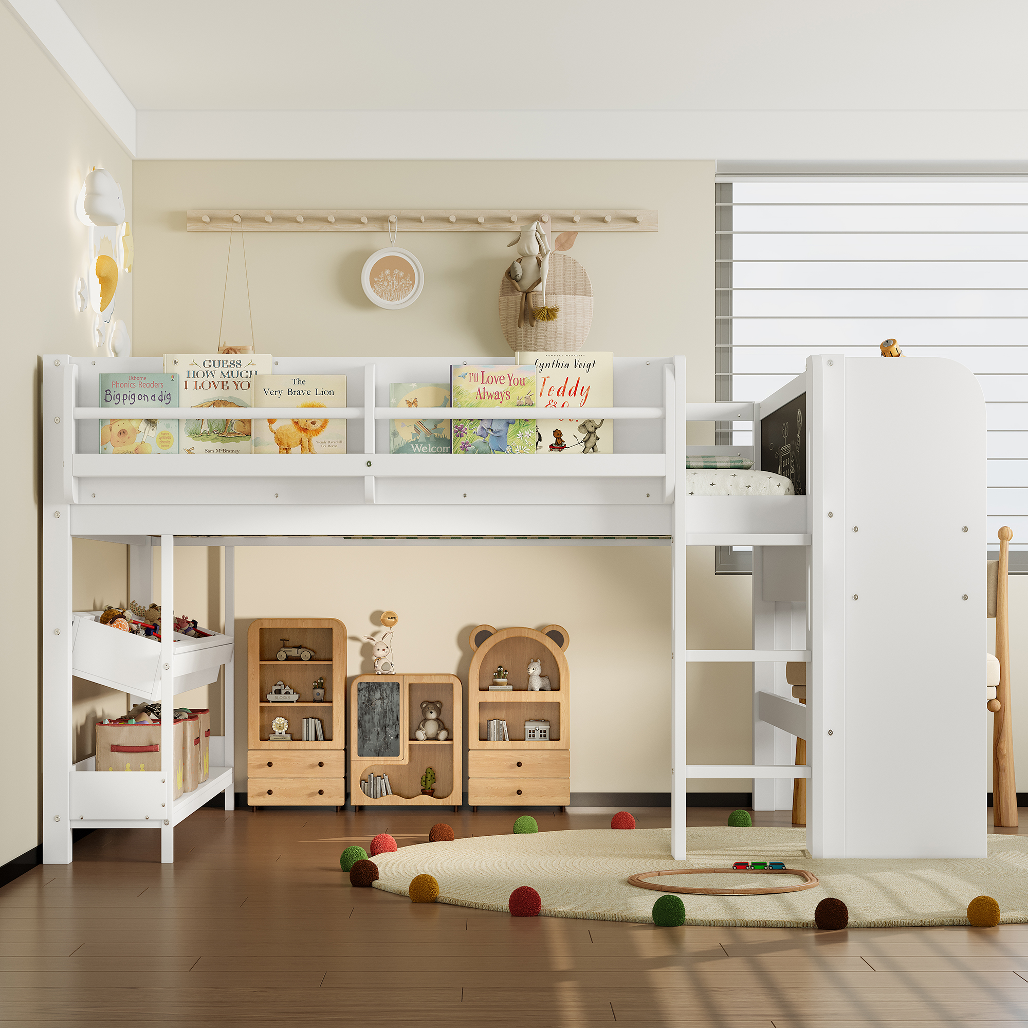 Full Loft Bed with Multi-storage Bookcases, Boxes and Drawers, Solid Wood Low Loft Beds with Desk and Blackboard, No Box Spring Needed, White - Image 3