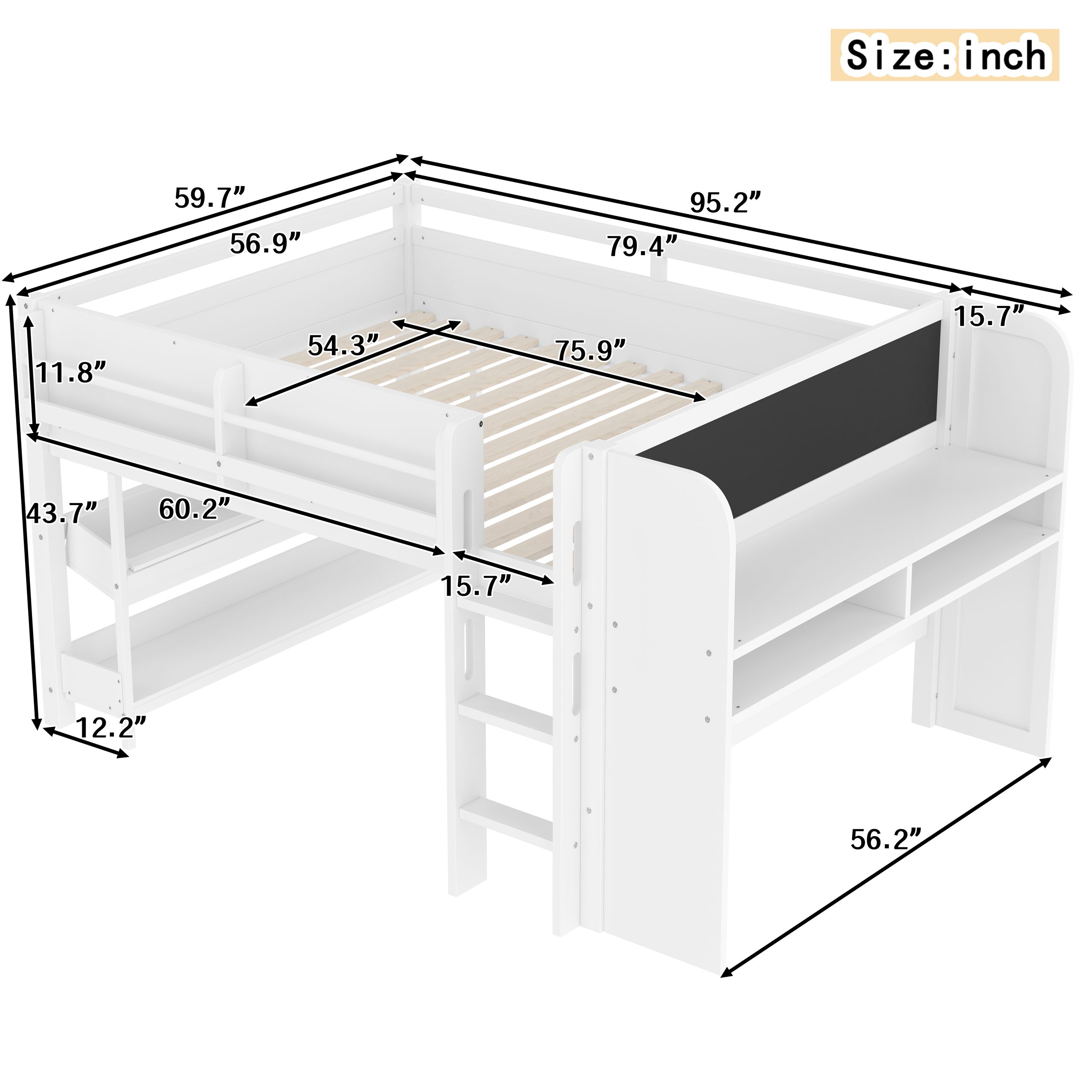 Full Loft Bed with Multi-storage Bookcases, Boxes and Drawers, Solid Wood Low Loft Beds with Desk and Blackboard, No Box Spring Needed, White - Image 4