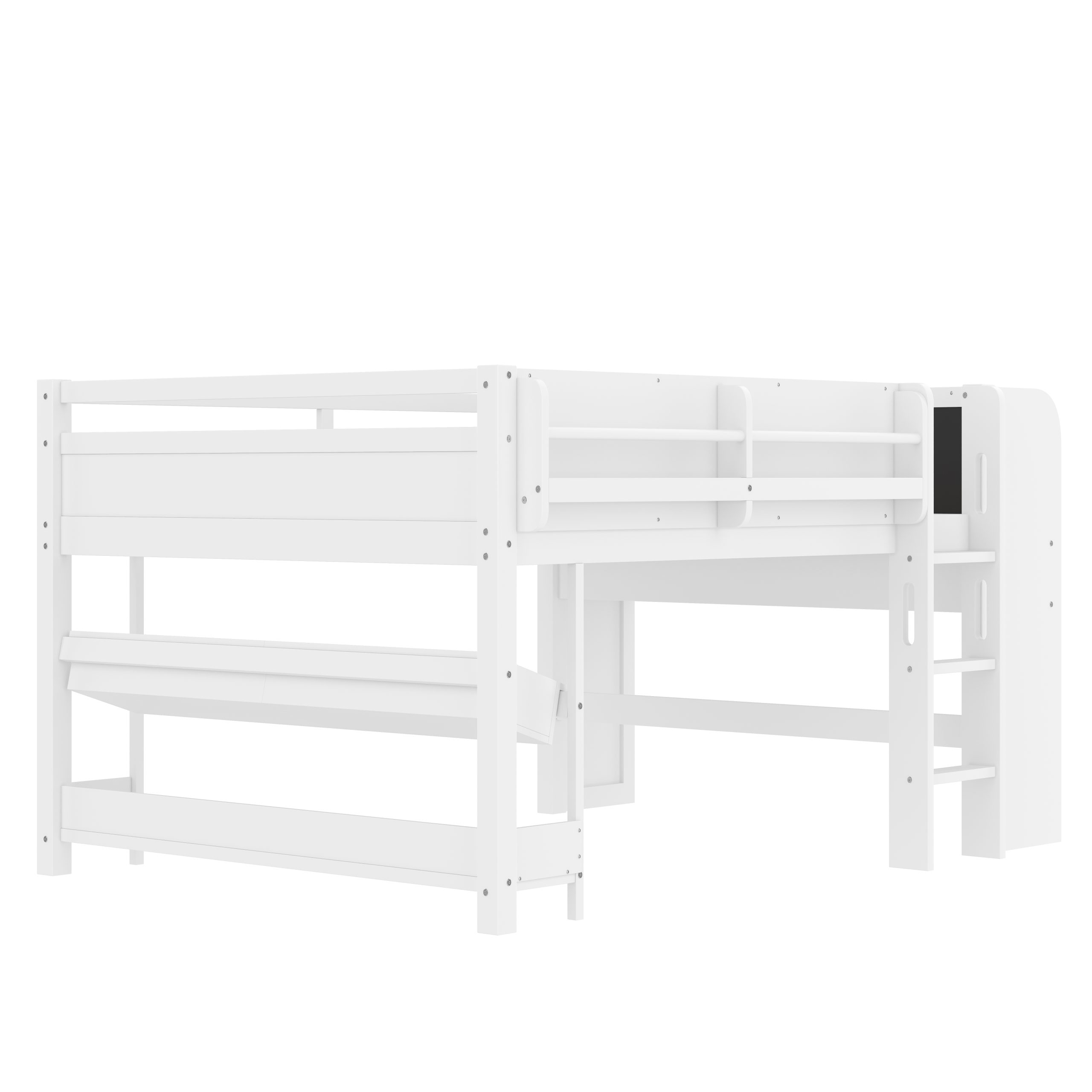 Full Loft Bed with Multi-storage Bookcases, Boxes and Drawers, Solid Wood Low Loft Beds with Desk and Blackboard, No Box Spring Needed, White - Image 6