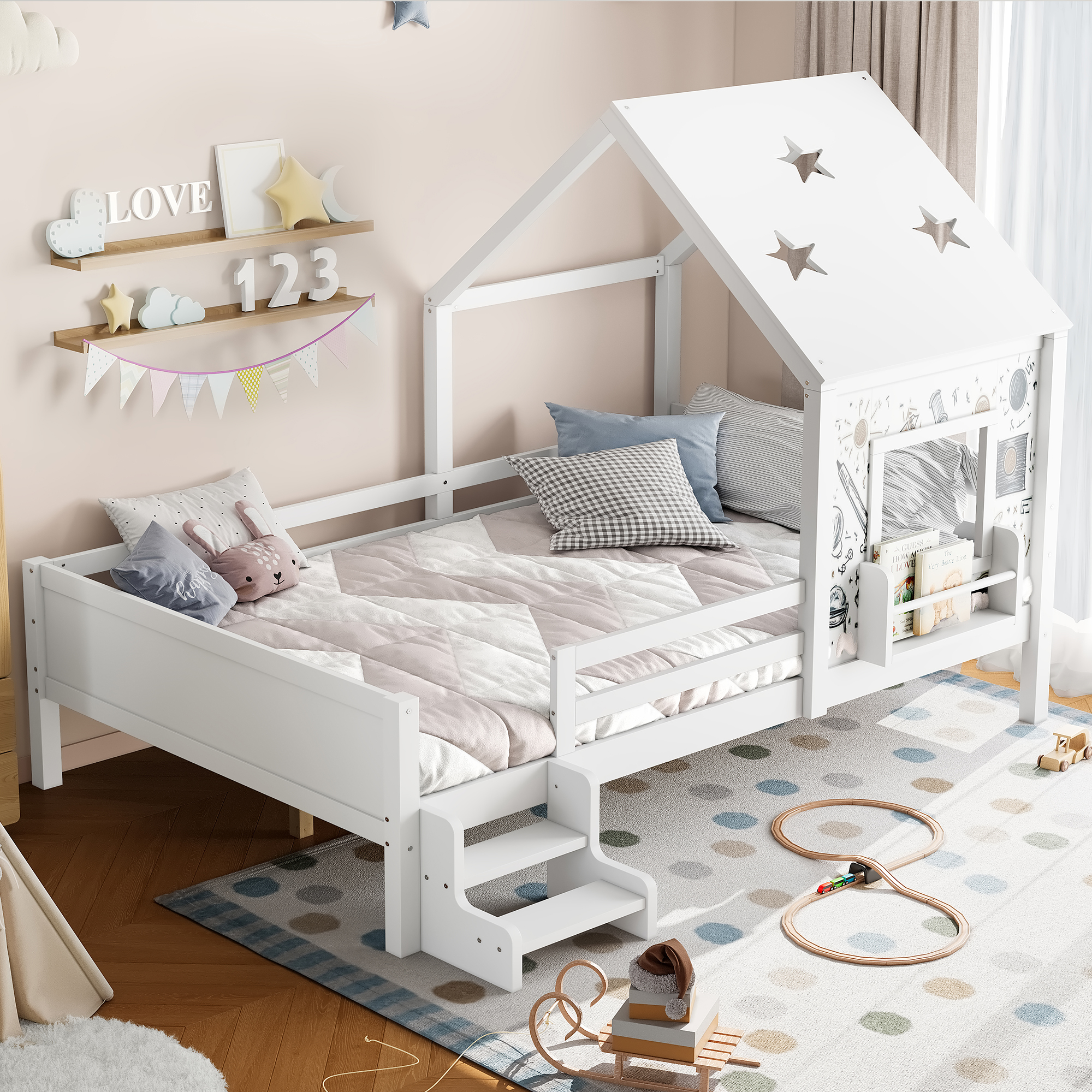 Full House Beds with Low-Profile Stairs and a Window, Solid Wood House Platform Bed with a Bookcase, Blackboard Design, and Cute Star-shape Roof, No Box Spring Needed, White