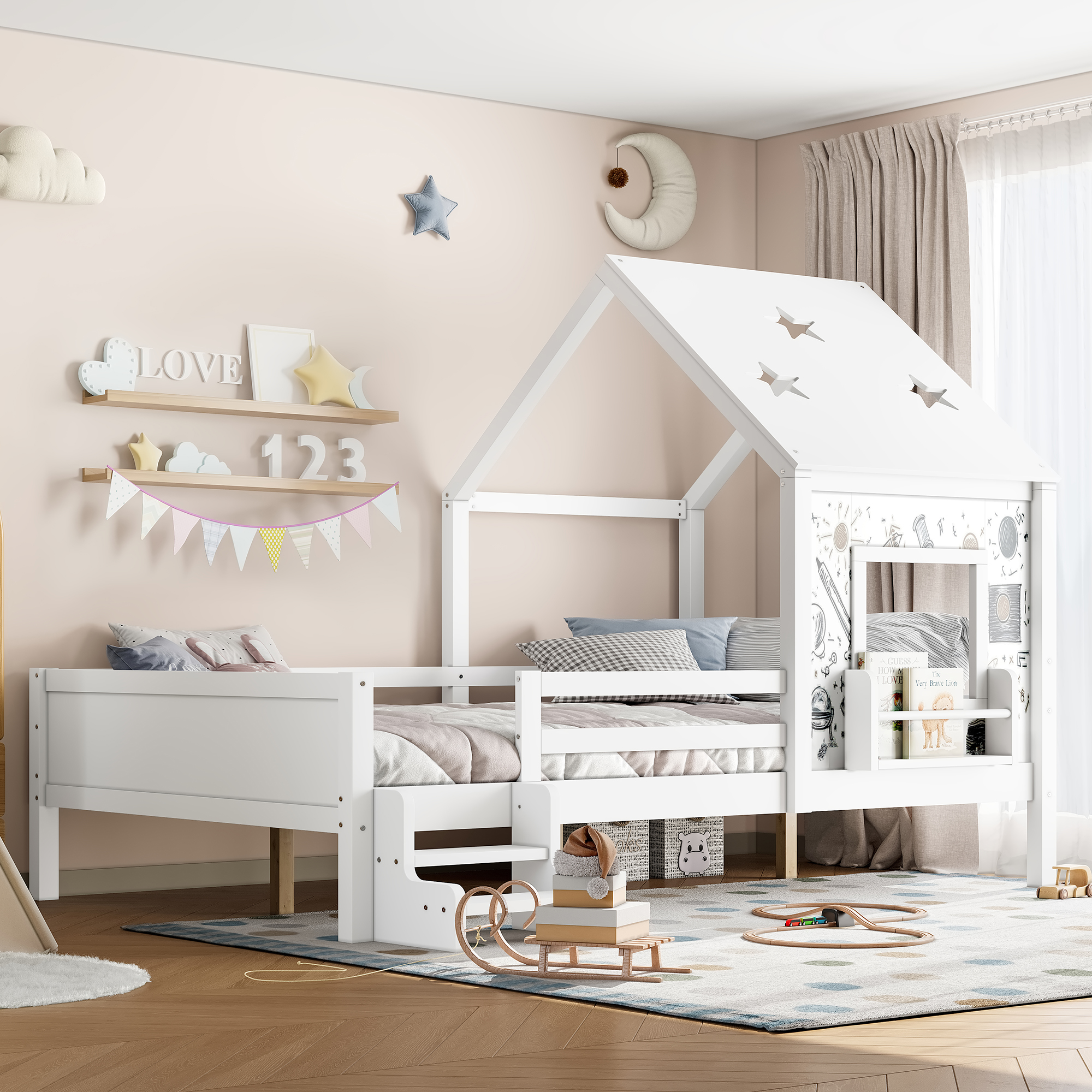 Full House Beds with Low-Profile Stairs and a Window, Solid Wood House Platform Bed with a Bookcase, Blackboard Design, and Cute Star-shape Roof, No Box Spring Needed, White - Image 2