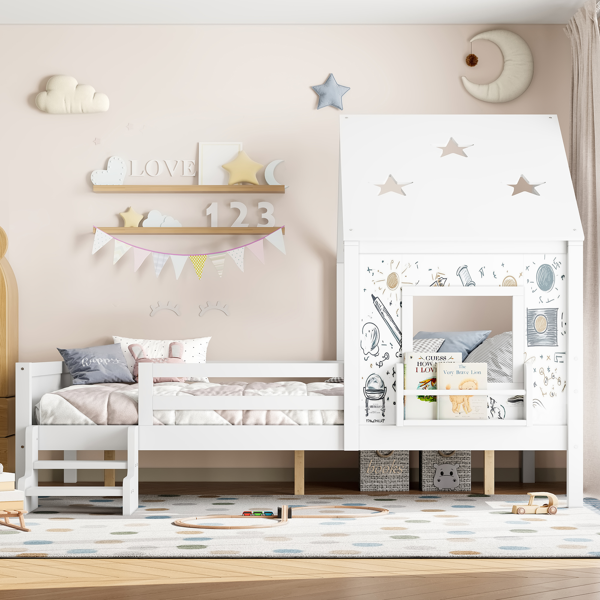 Full House Beds with Low-Profile Stairs and a Window, Solid Wood House Platform Bed with a Bookcase, Blackboard Design, and Cute Star-shape Roof, No Box Spring Needed, White - Image 3