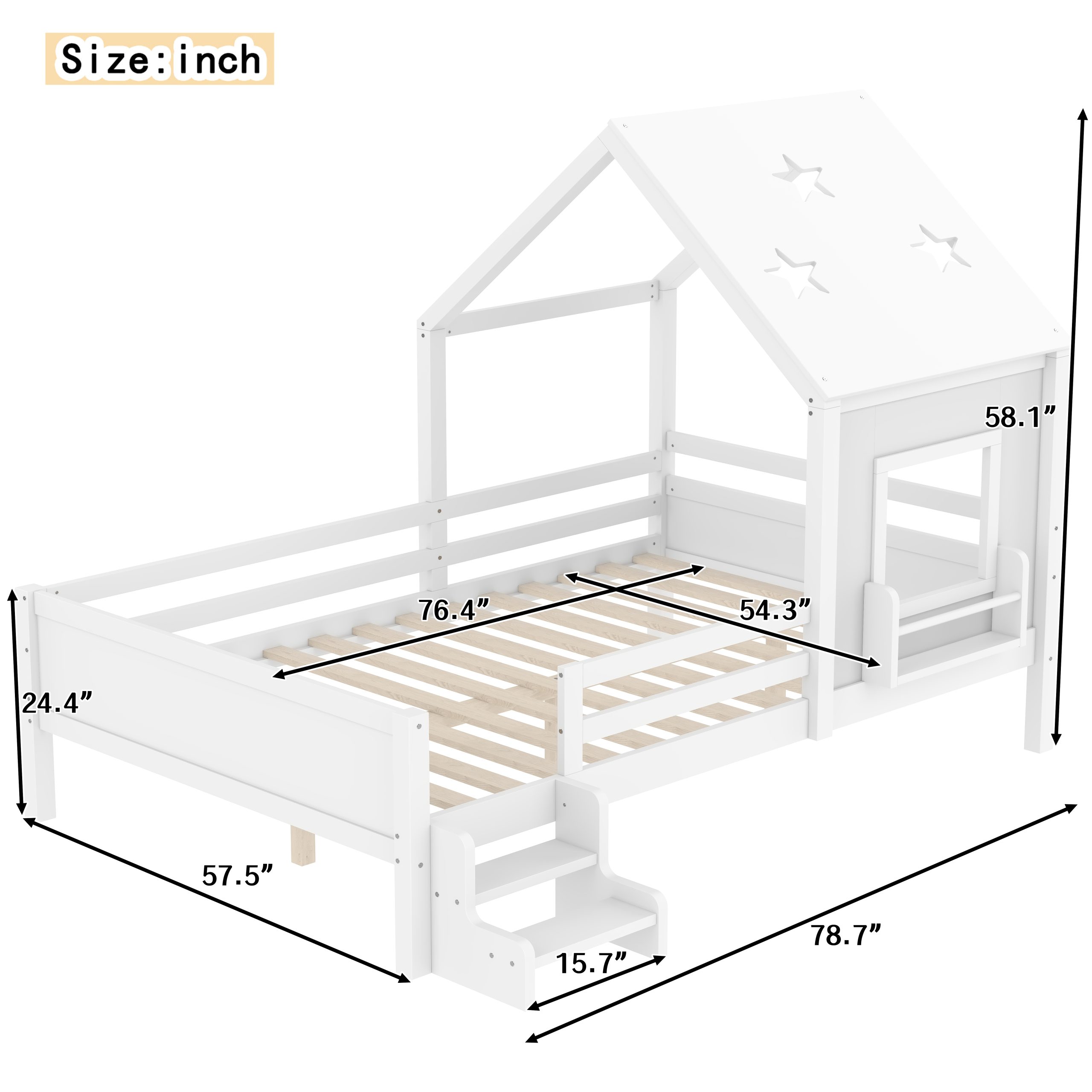 Full House Beds with Low-Profile Stairs and a Window, Solid Wood House Platform Bed with a Bookcase, Blackboard Design, and Cute Star-shape Roof, No Box Spring Needed, White - Image 4