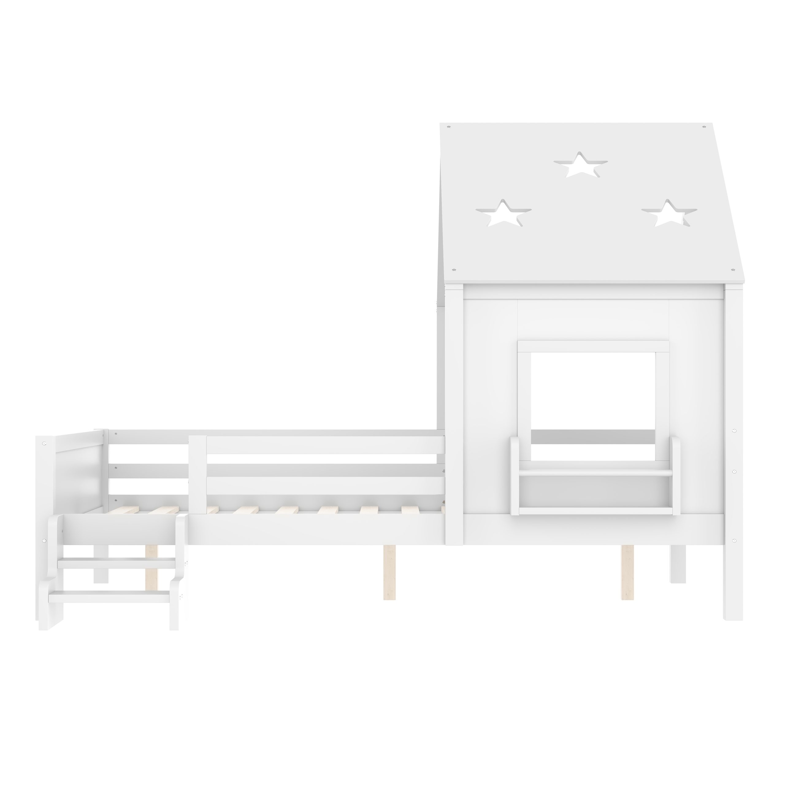Full House Beds with Low-Profile Stairs and a Window, Solid Wood House Platform Bed with a Bookcase, Blackboard Design, and Cute Star-shape Roof, No Box Spring Needed, White - Image 5