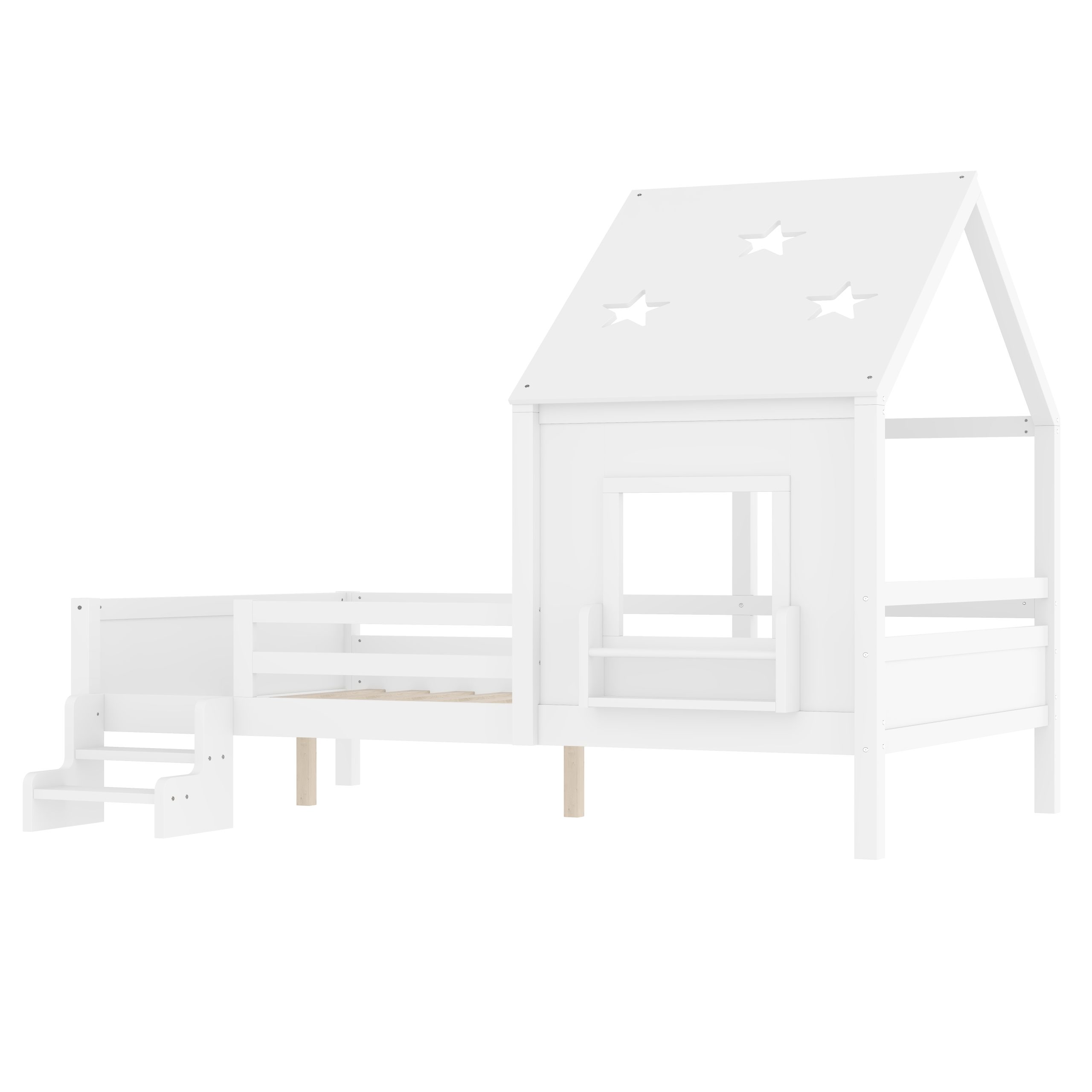 Full House Beds with Low-Profile Stairs and a Window, Solid Wood House Platform Bed with a Bookcase, Blackboard Design, and Cute Star-shape Roof, No Box Spring Needed, White - Image 6