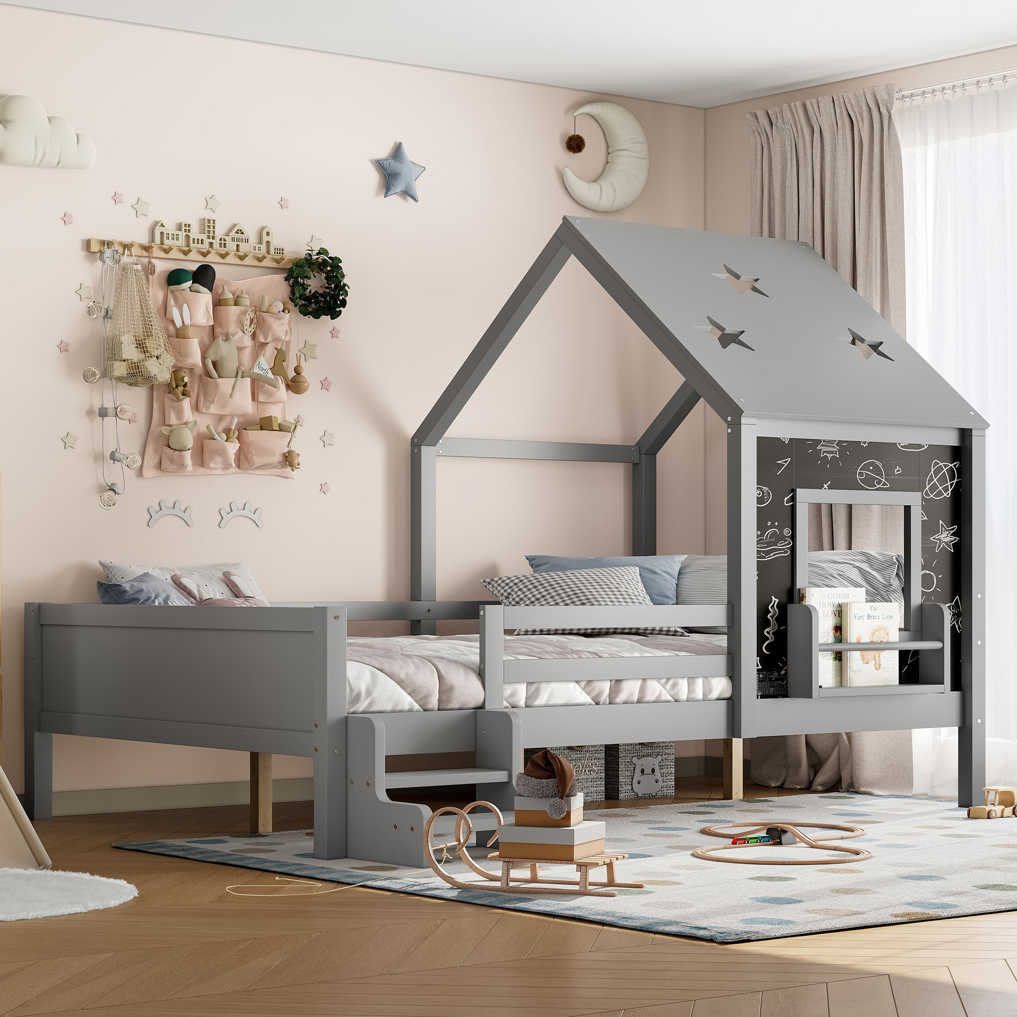 Full House Beds with Low-Profile Stairs and a Window, Solid Wood House Platform Bed with a Bookcase, Blackboard Design, and Cute Star-shape Roof, No Box Spring Needed, Gray - Image 2