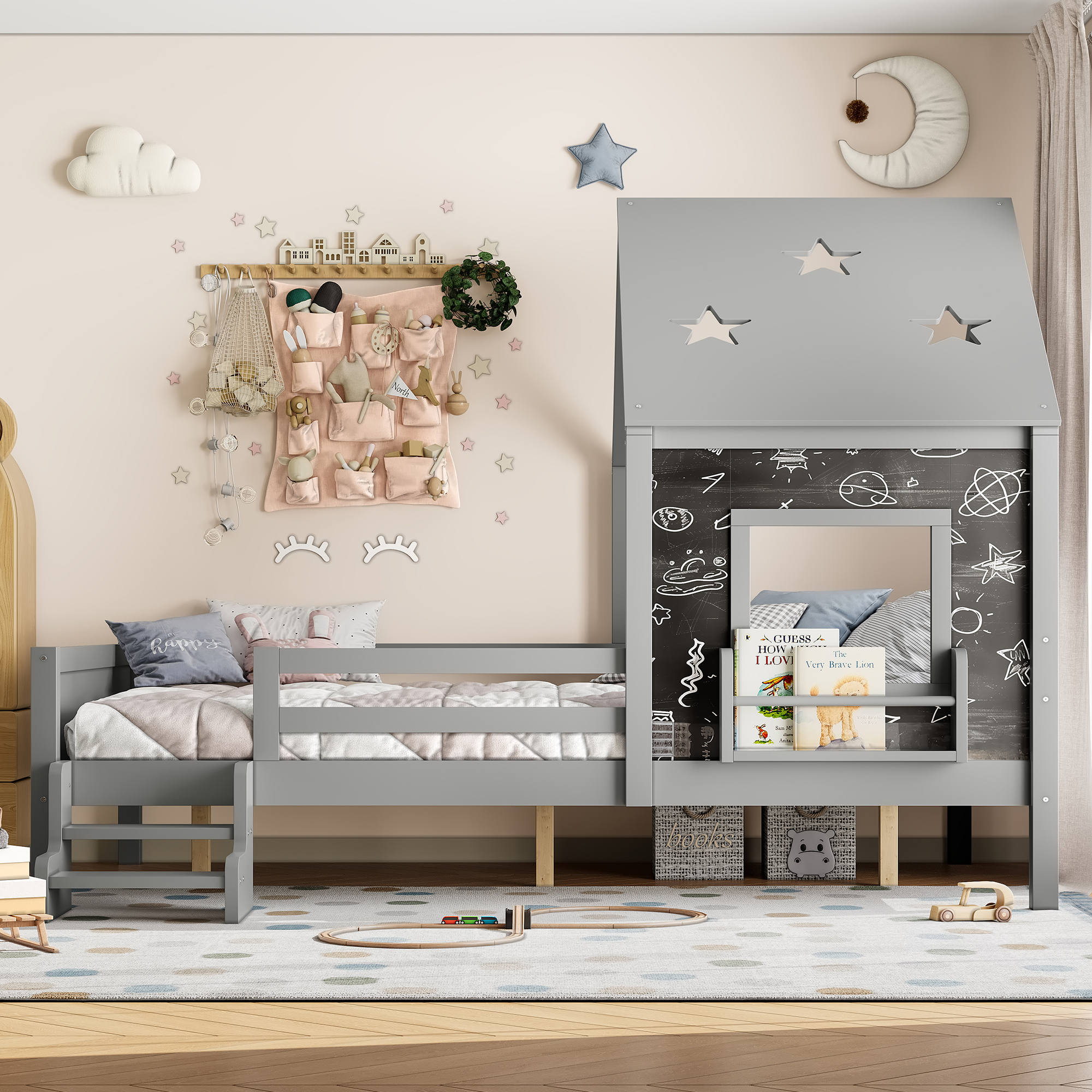 Full House Beds with Low-Profile Stairs and a Window, Solid Wood House Platform Bed with a Bookcase, Blackboard Design, and Cute Star-shape Roof, No Box Spring Needed, Gray - Image 3