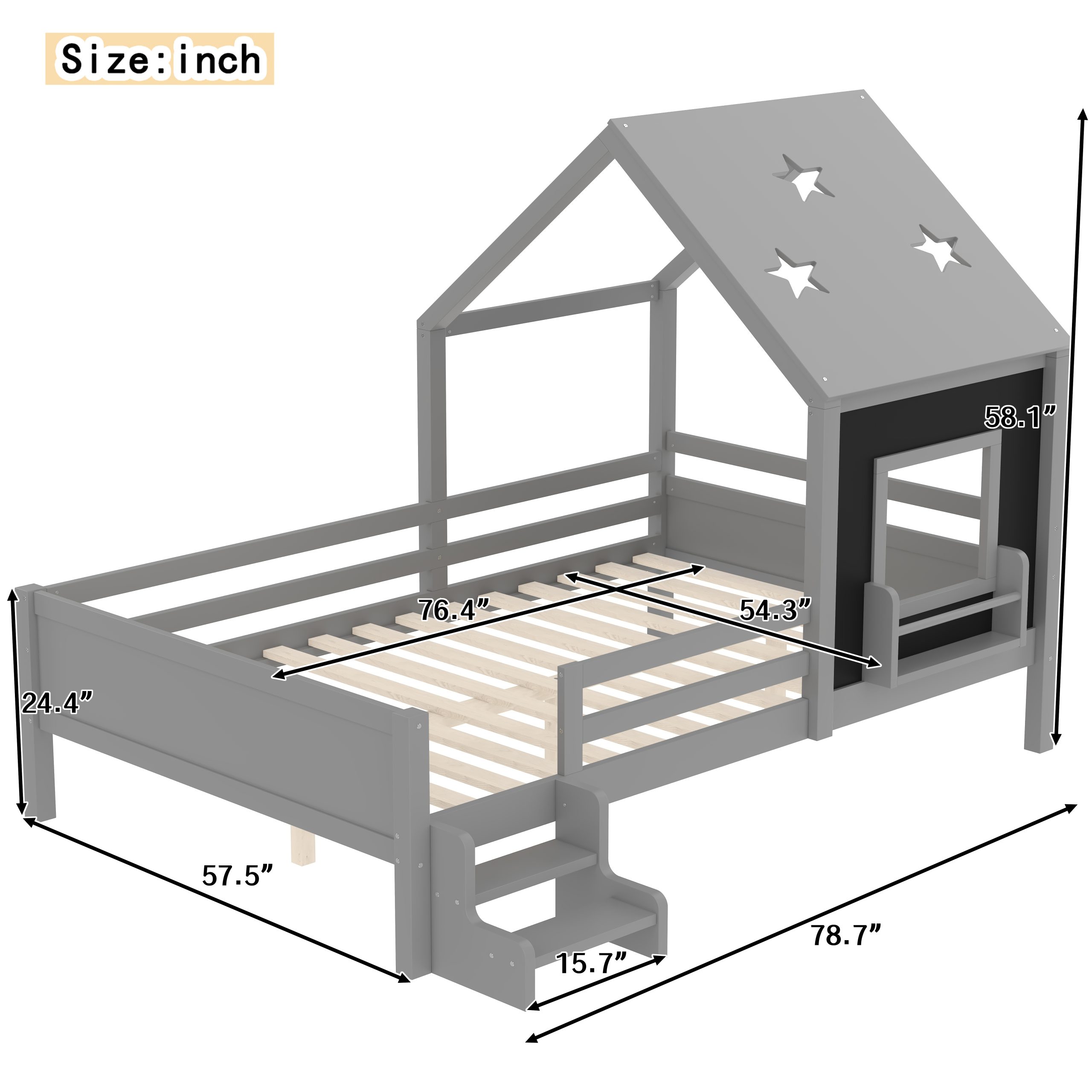 Full House Beds with Low-Profile Stairs and a Window, Solid Wood House Platform Bed with a Bookcase, Blackboard Design, and Cute Star-shape Roof, No Box Spring Needed, Gray - Image 4
