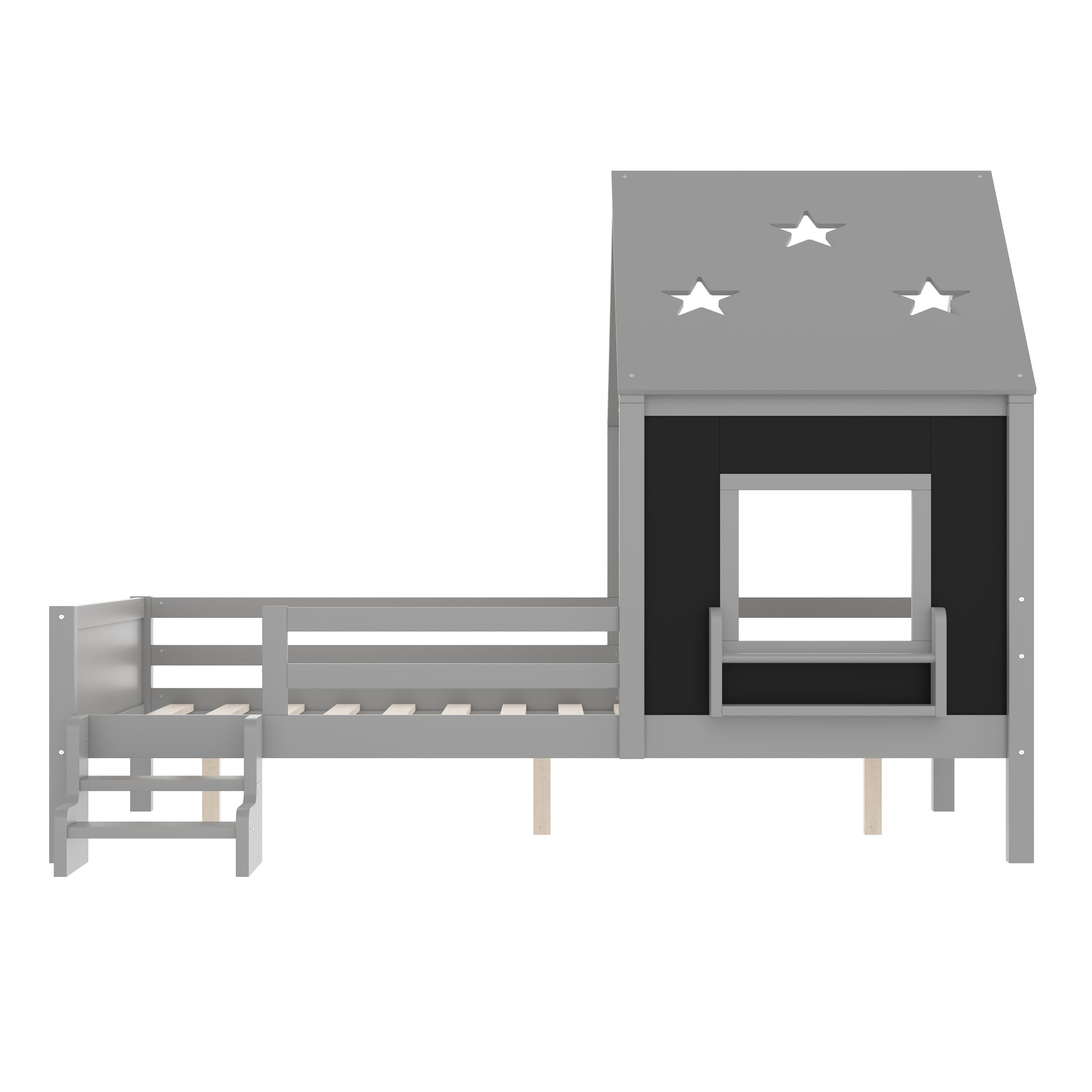Full House Beds with Low-Profile Stairs and a Window, Solid Wood House Platform Bed with a Bookcase, Blackboard Design, and Cute Star-shape Roof, No Box Spring Needed, Gray - Image 5