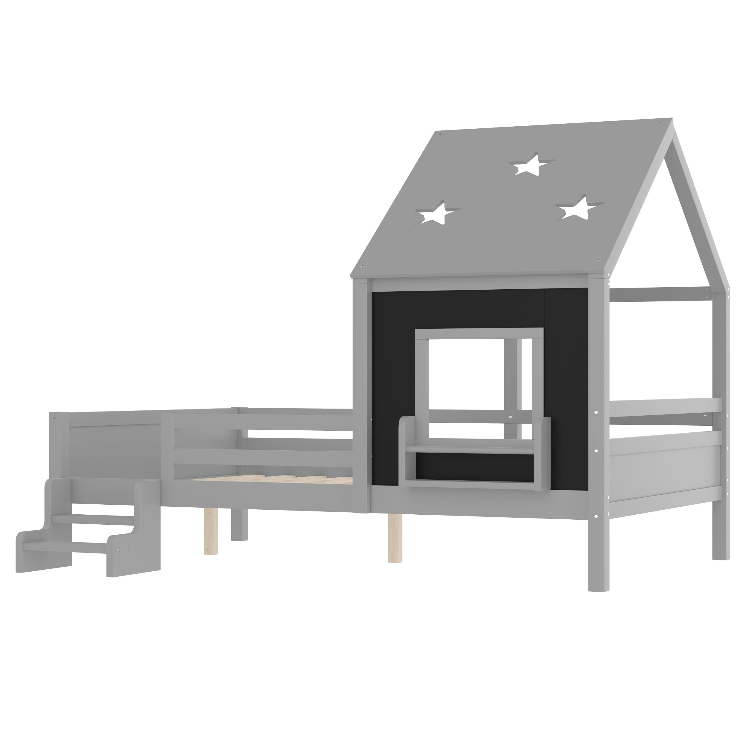 Full House Beds with Low-Profile Stairs and a Window, Solid Wood House Platform Bed with a Bookcase, Blackboard Design, and Cute Star-shape Roof, No Box Spring Needed, Gray - Image 6