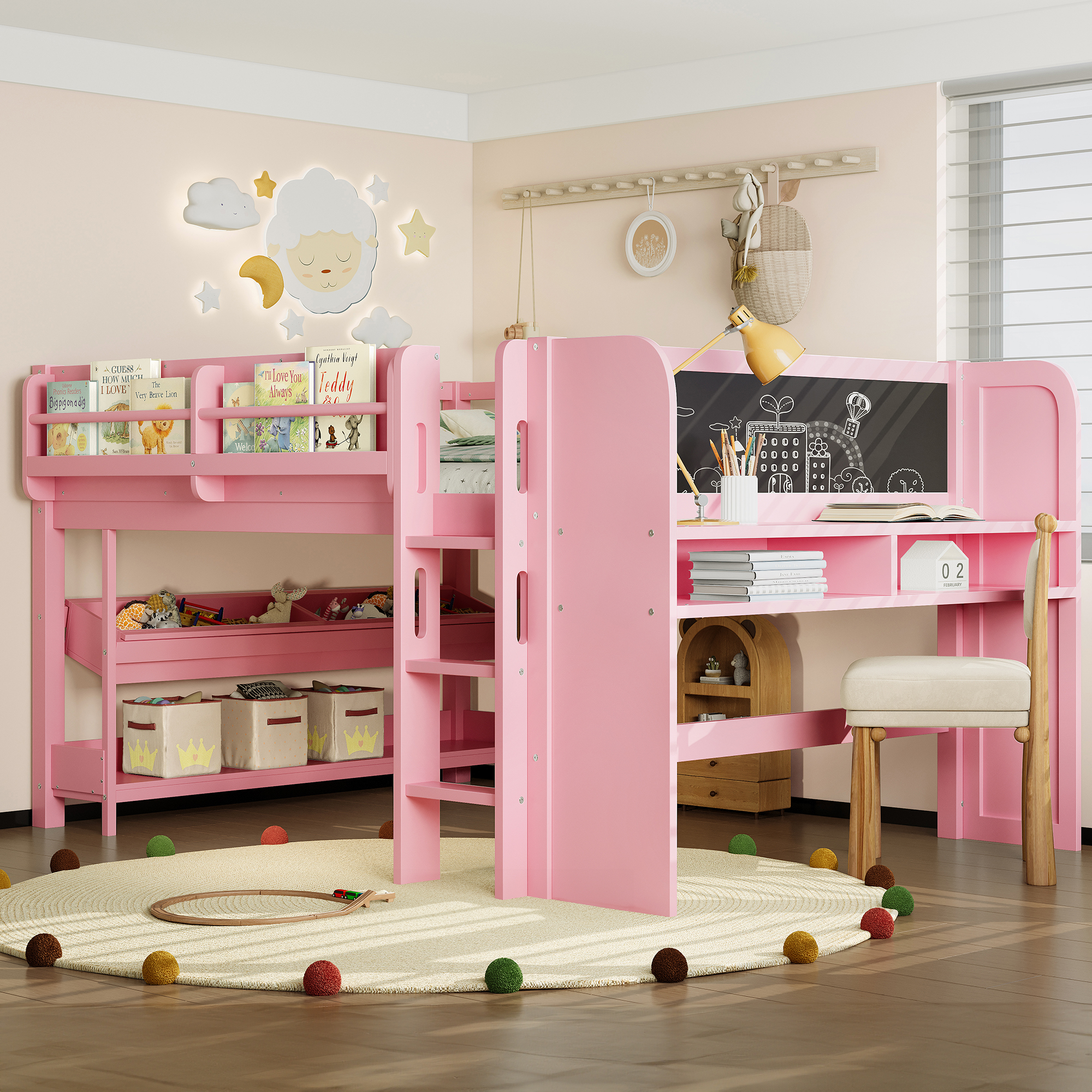 Full Loft Bed with Multi-storage Bookcases, Boxes and Drawers, Solid Wood Low Loft Beds with Desk and Blackboard, No Box Spring Needed, Pink - Image 2