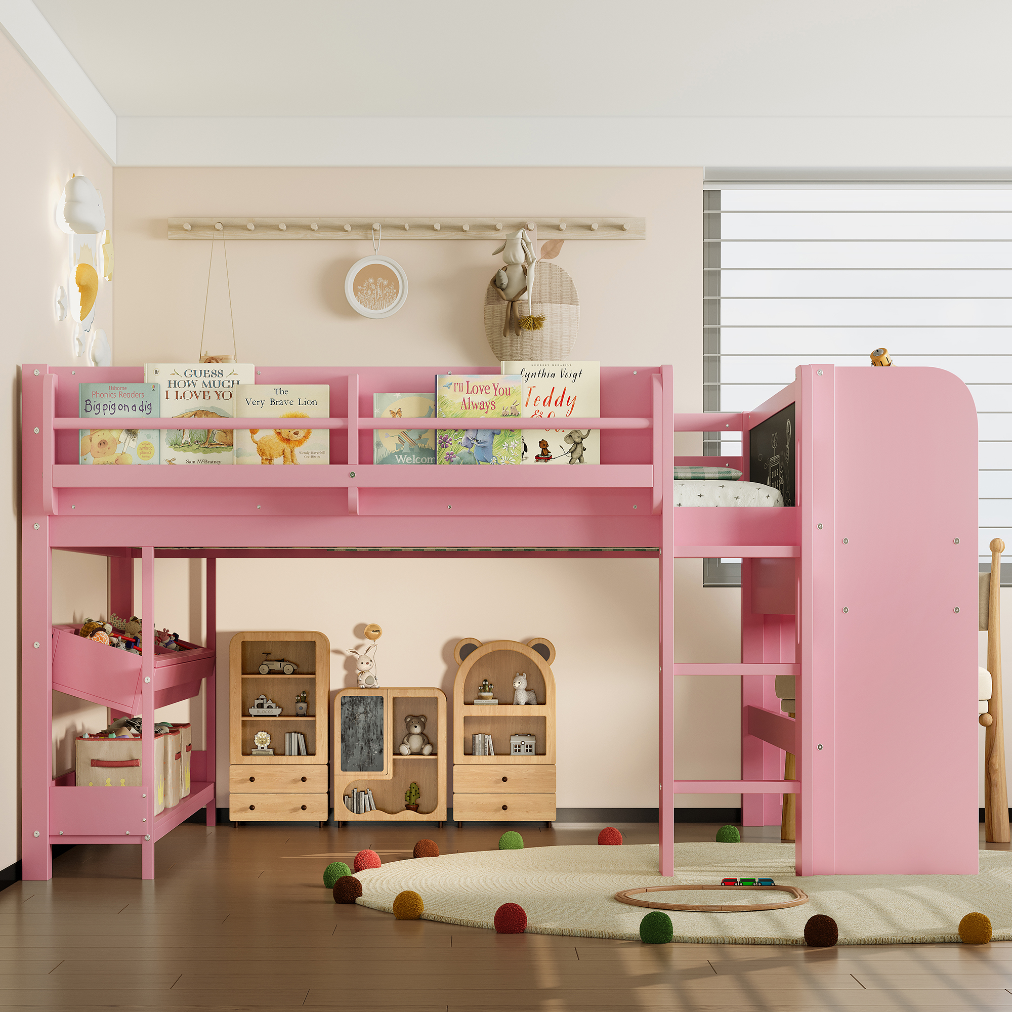 Full Loft Bed with Multi-storage Bookcases, Boxes and Drawers, Solid Wood Low Loft Beds with Desk and Blackboard, No Box Spring Needed, Pink - Image 3