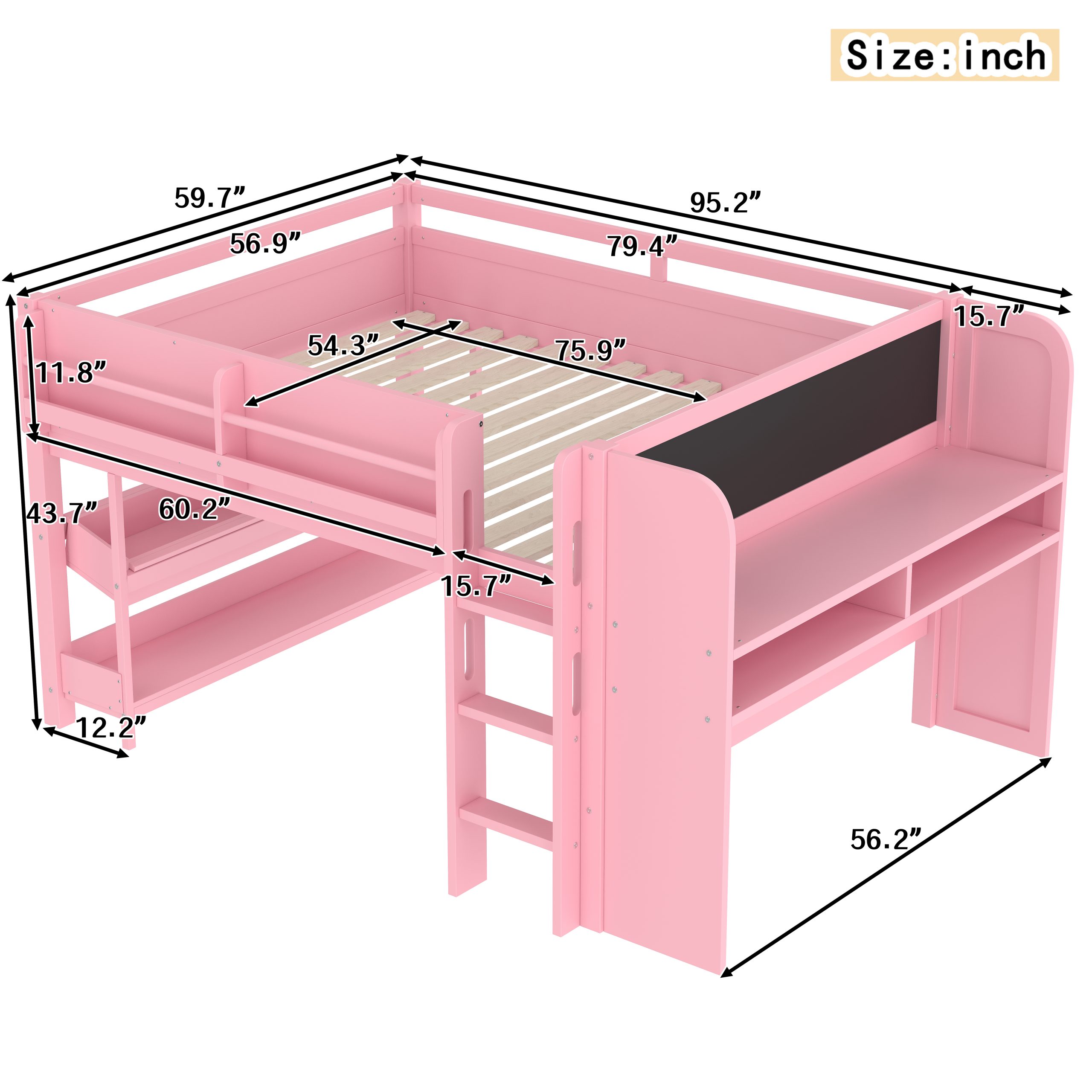 Full Loft Bed with Multi-storage Bookcases, Boxes and Drawers, Solid Wood Low Loft Beds with Desk and Blackboard, No Box Spring Needed, Pink - Image 4