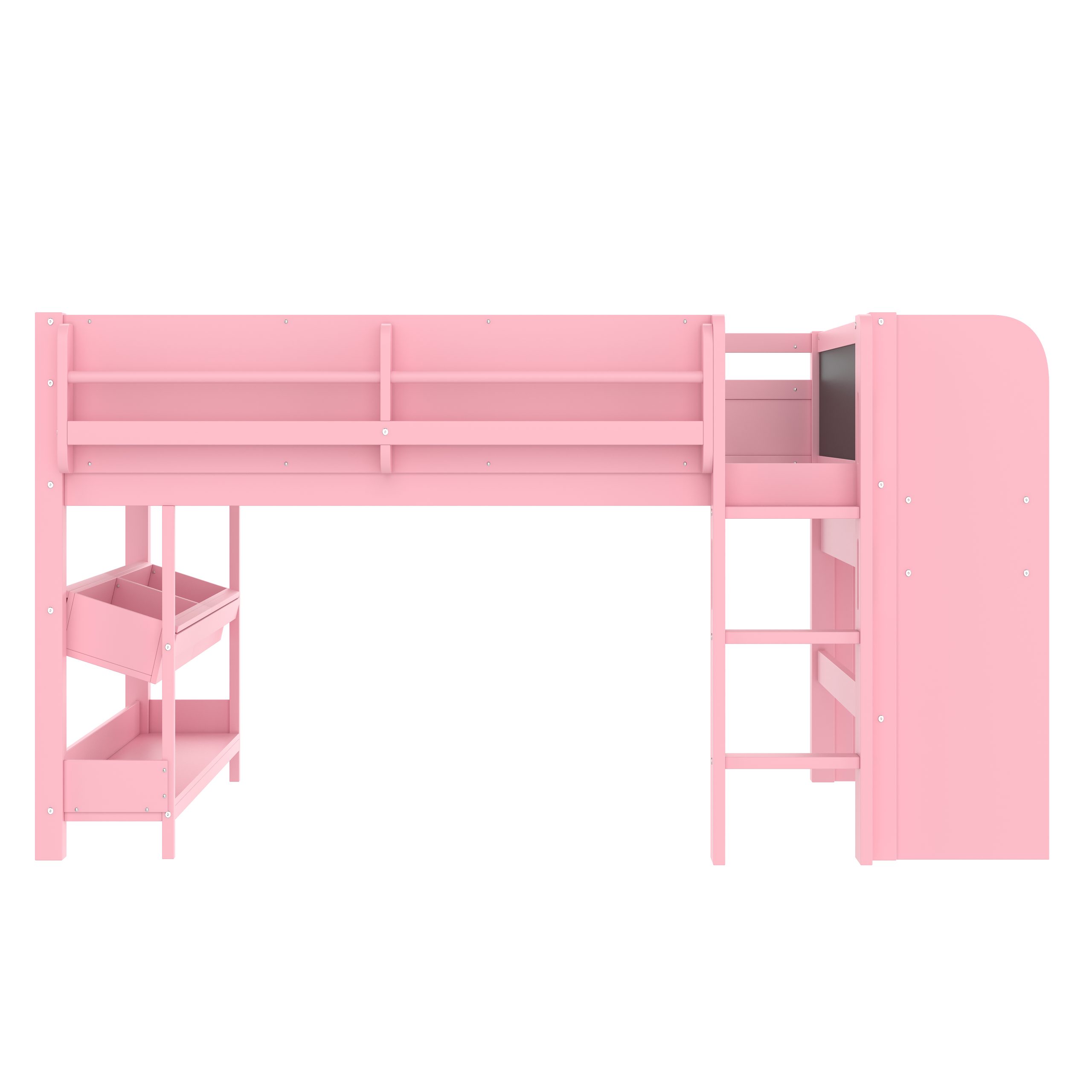 Full Loft Bed with Multi-storage Bookcases, Boxes and Drawers, Solid Wood Low Loft Beds with Desk and Blackboard, No Box Spring Needed, Pink - Image 5