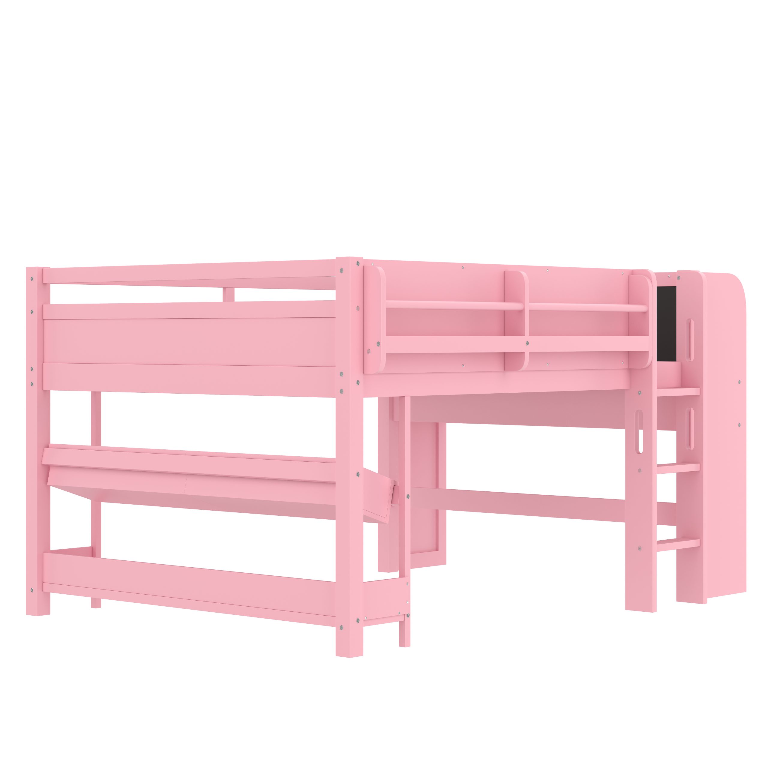 Full Loft Bed with Multi-storage Bookcases, Boxes and Drawers, Solid Wood Low Loft Beds with Desk and Blackboard, No Box Spring Needed, Pink - Image 6