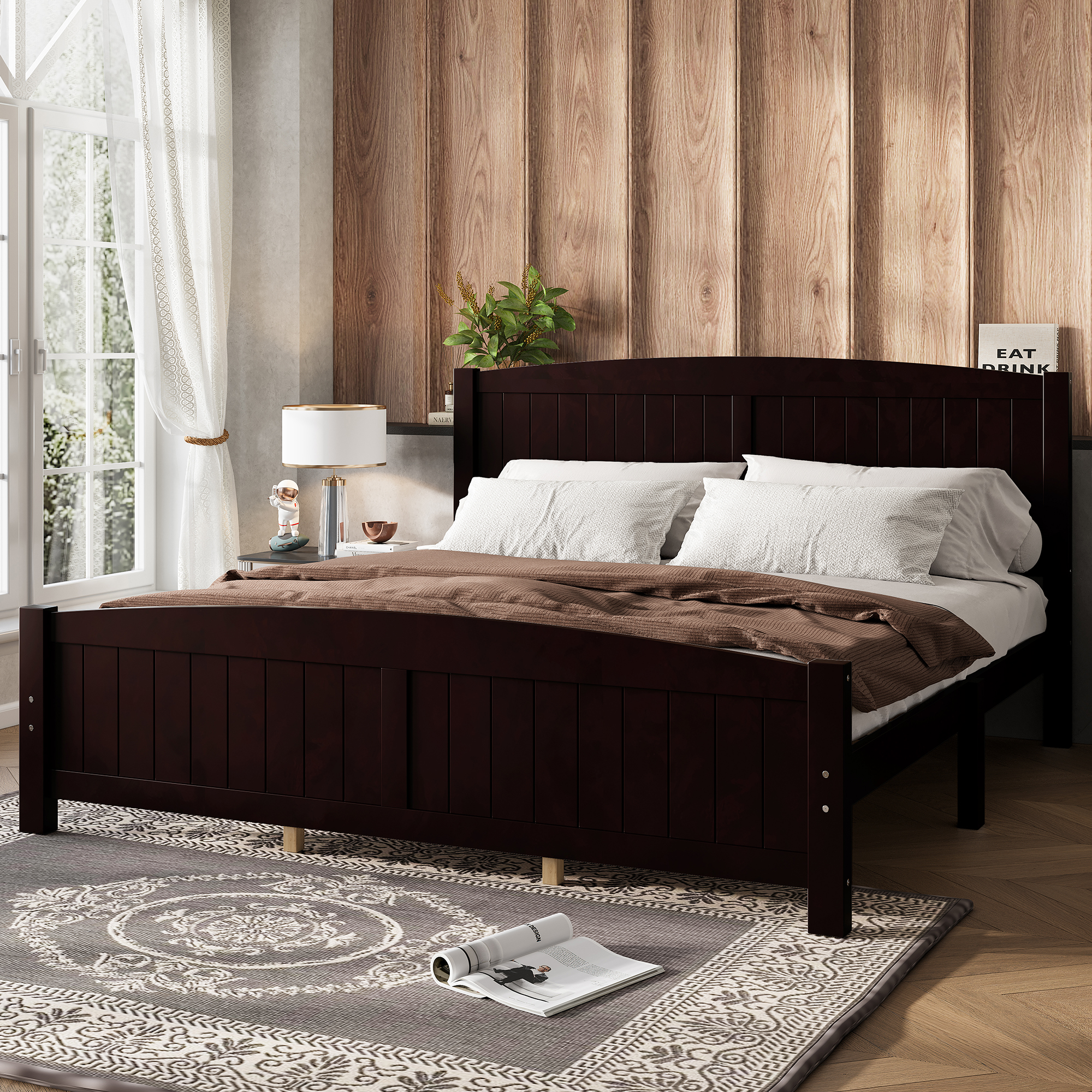 King Size Platform Bed, Solid Wood Platform Bed with Support Slats and Strong Structure, No Box Spring Needed, Espresso - Image 1
