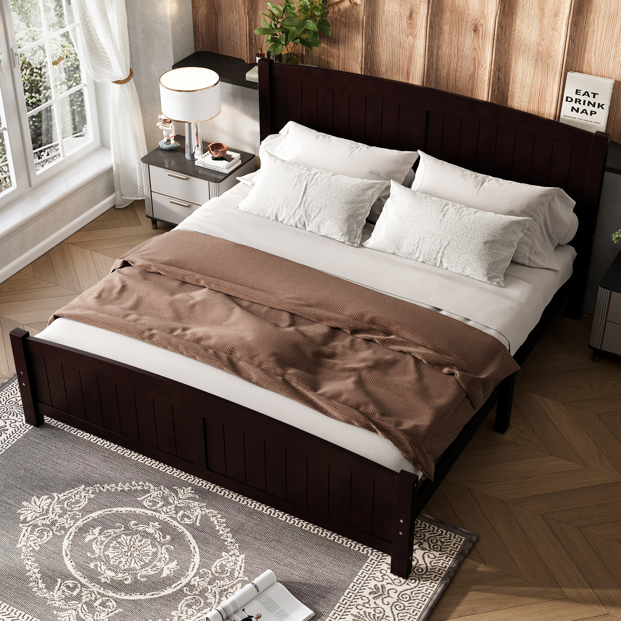 King Size Platform Bed, Solid Wood Platform Bed with Support Slats and Strong Structure, No Box Spring Needed, Espresso - Image 2