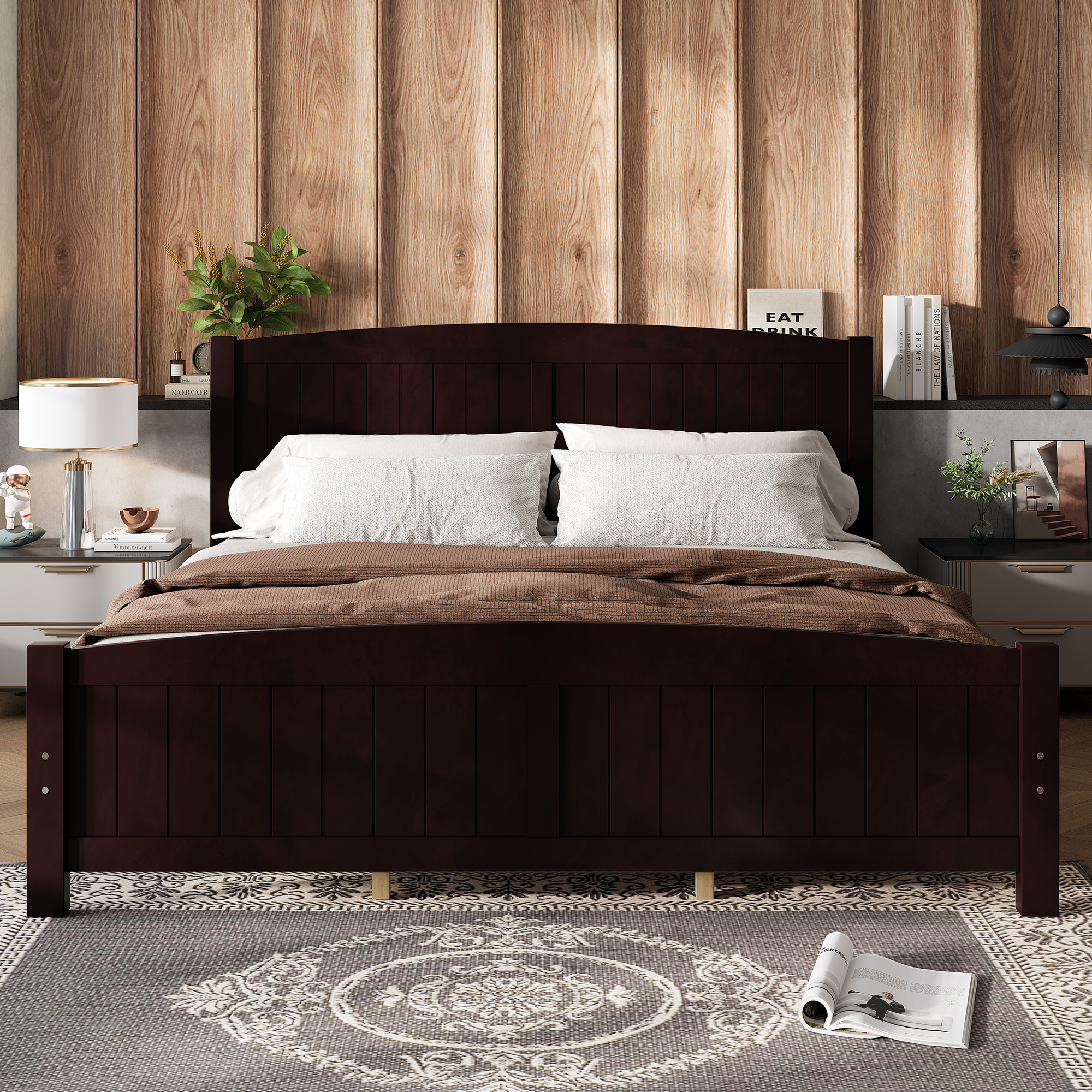 King Size Platform Bed, Solid Wood Platform Bed with Support Slats and Strong Structure, No Box Spring Needed, Espresso - Image 3