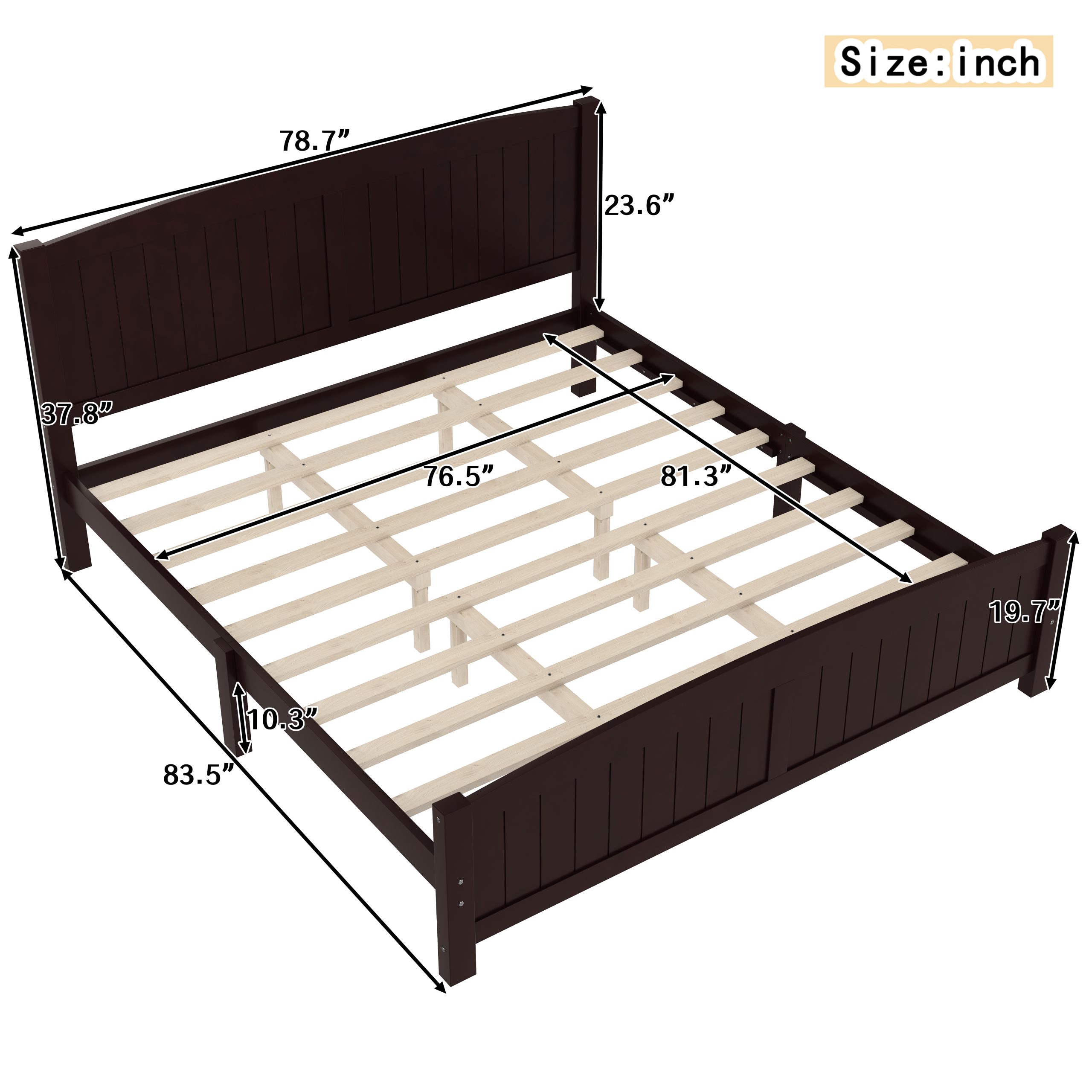 King Size Platform Bed, Solid Wood Platform Bed with Support Slats and Strong Structure, No Box Spring Needed, Espresso - Image 4