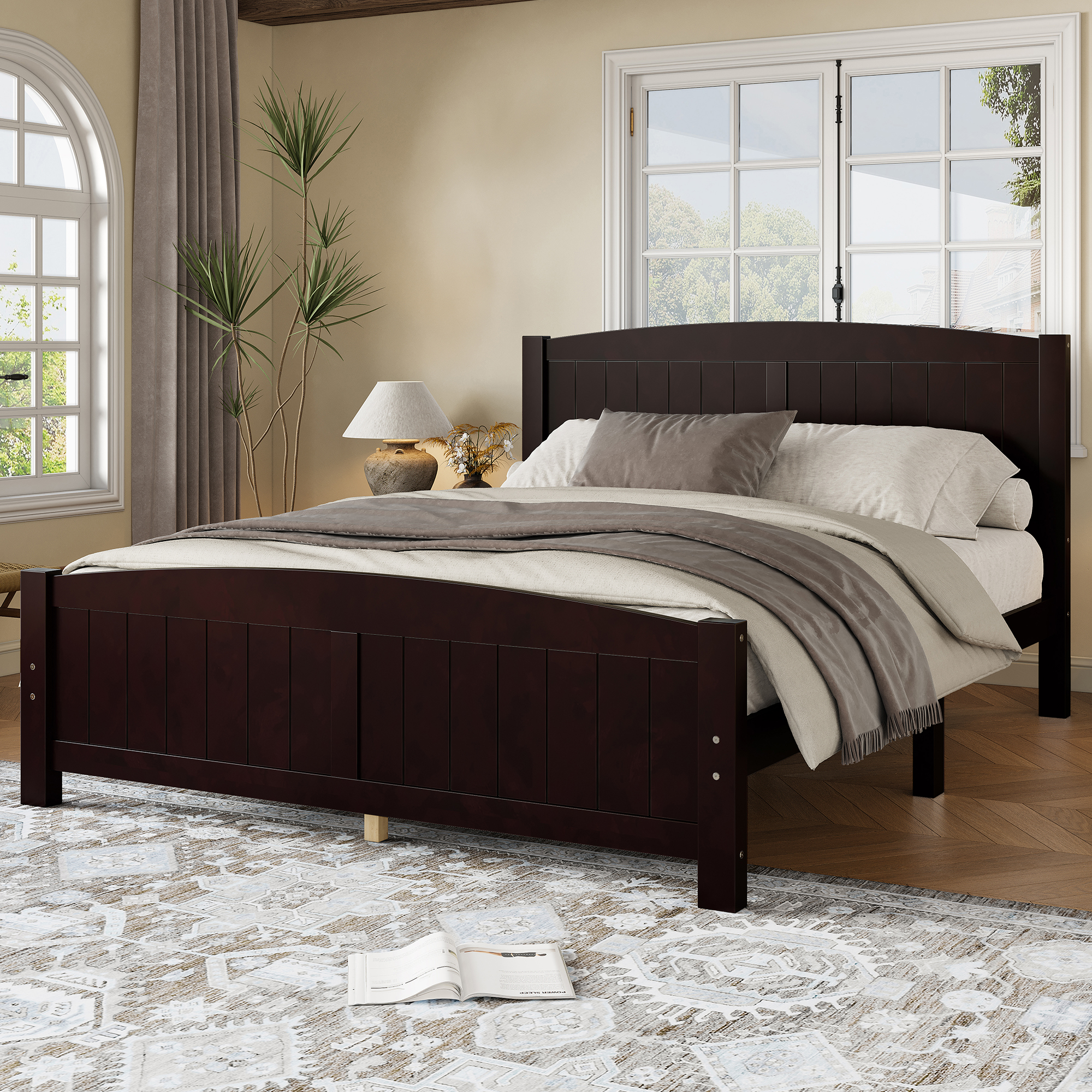 Queen Size Platform Bed, Solid Wood Platform Bed with Support Slats and Strong Structure, No Box Spring Needed, Espresso - Image 1