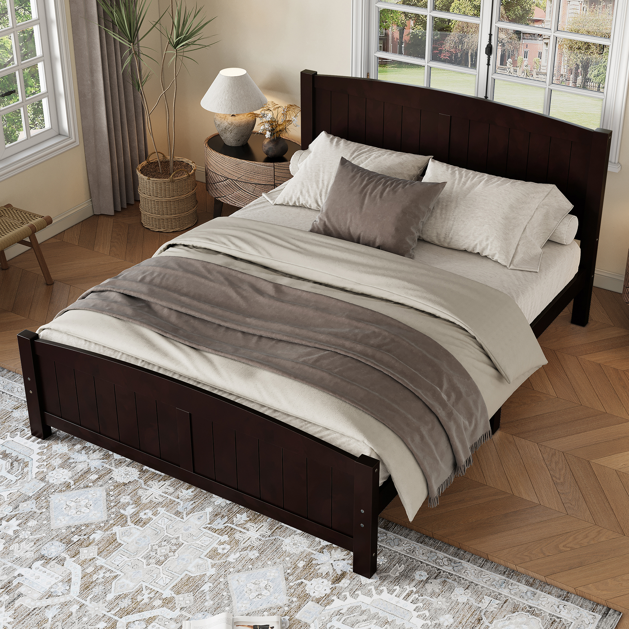 Queen Size Platform Bed, Solid Wood Platform Bed with Support Slats and Strong Structure, No Box Spring Needed, Espresso - Image 2