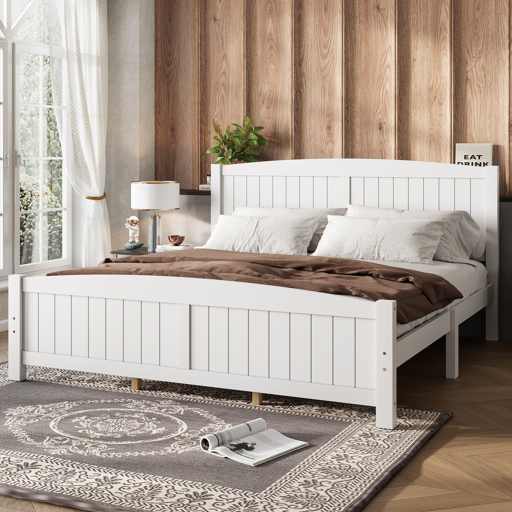King Size Platform Bed, Solid Wood Platform Bed with Support Slats and Strong Structure, No Box Spring Needed, White - Image 2