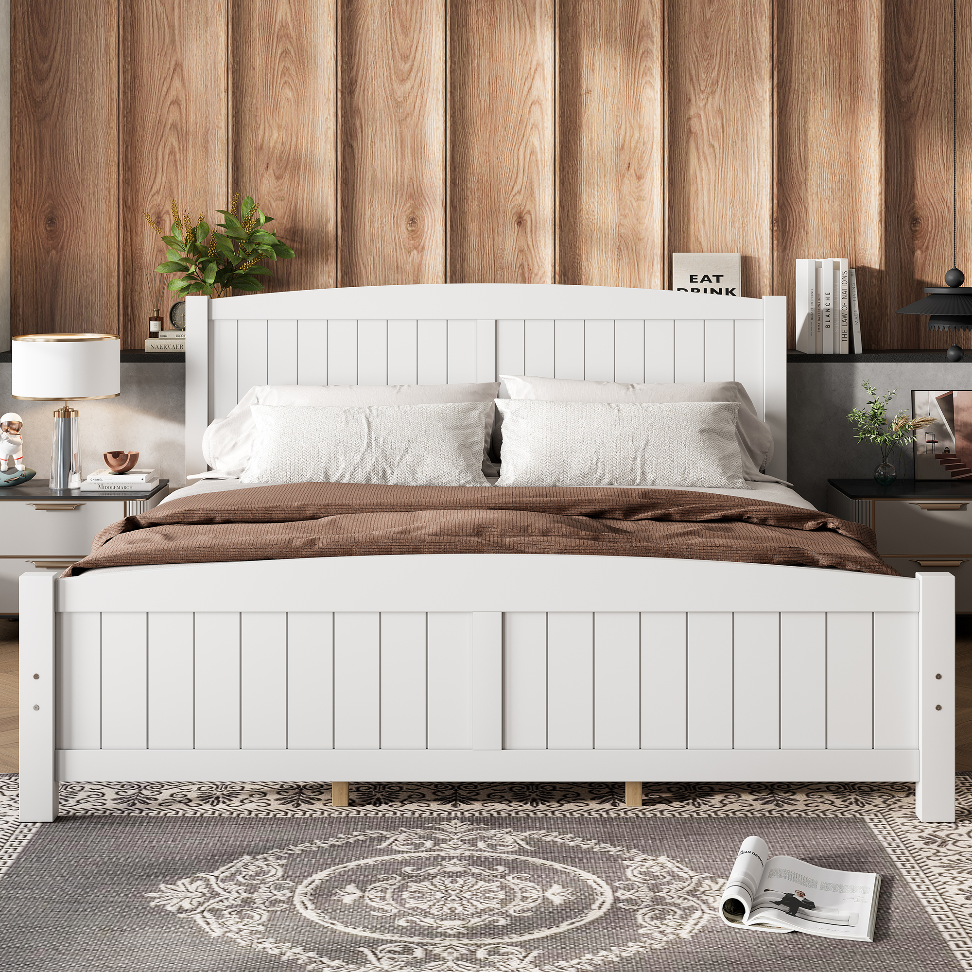 King Size Platform Bed, Solid Wood Platform Bed with Support Slats and Strong Structure, No Box Spring Needed, White - Image 3