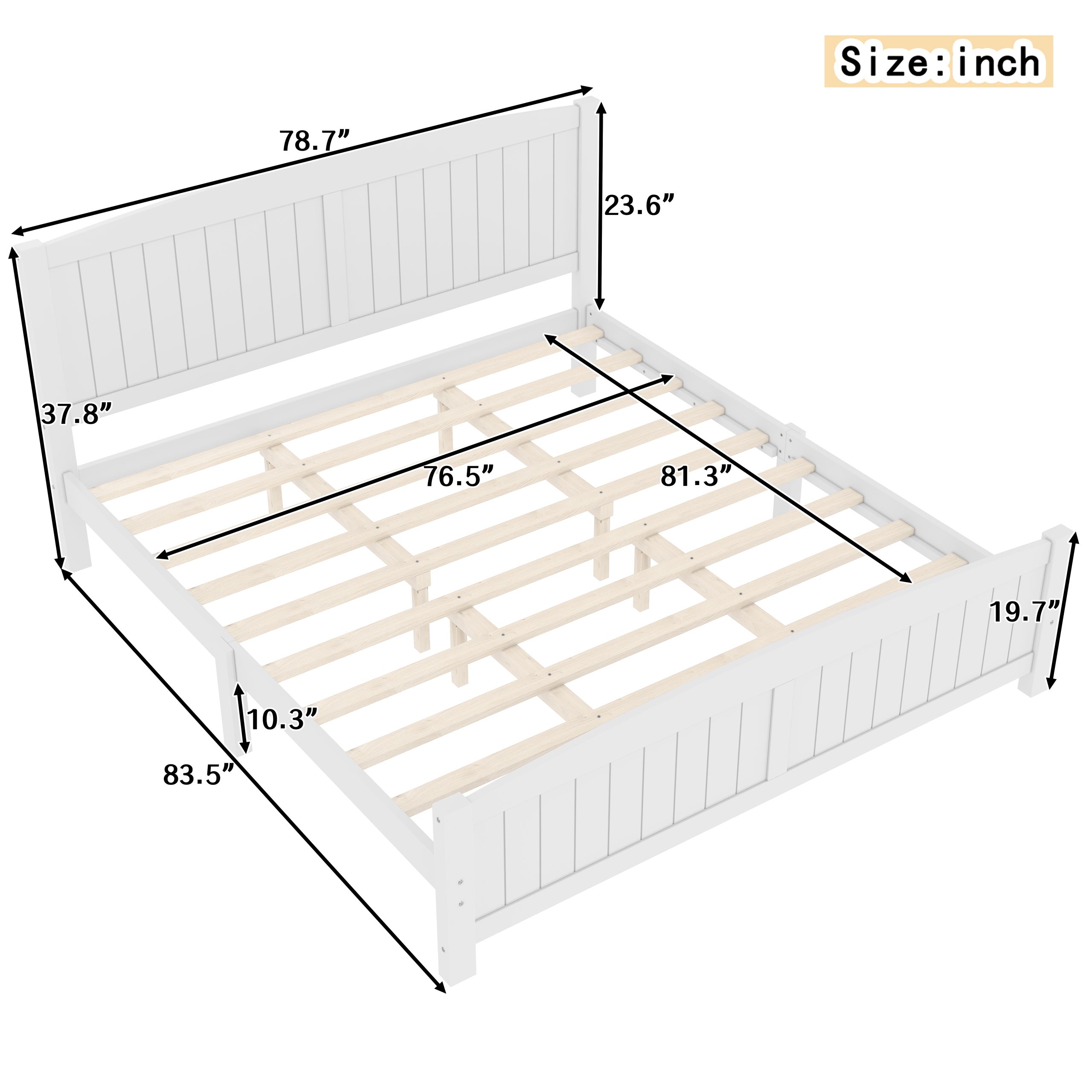 King Size Platform Bed, Solid Wood Platform Bed with Support Slats and Strong Structure, No Box Spring Needed, White - Image 4