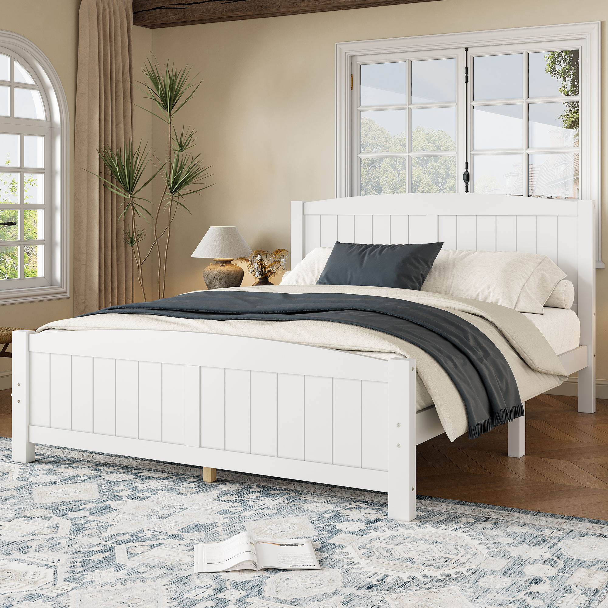 Queen Size Platform Bed, Solid Wood Platform Bed with Support Slats and Strong Structure, No Box Spring Needed, White - Image 2