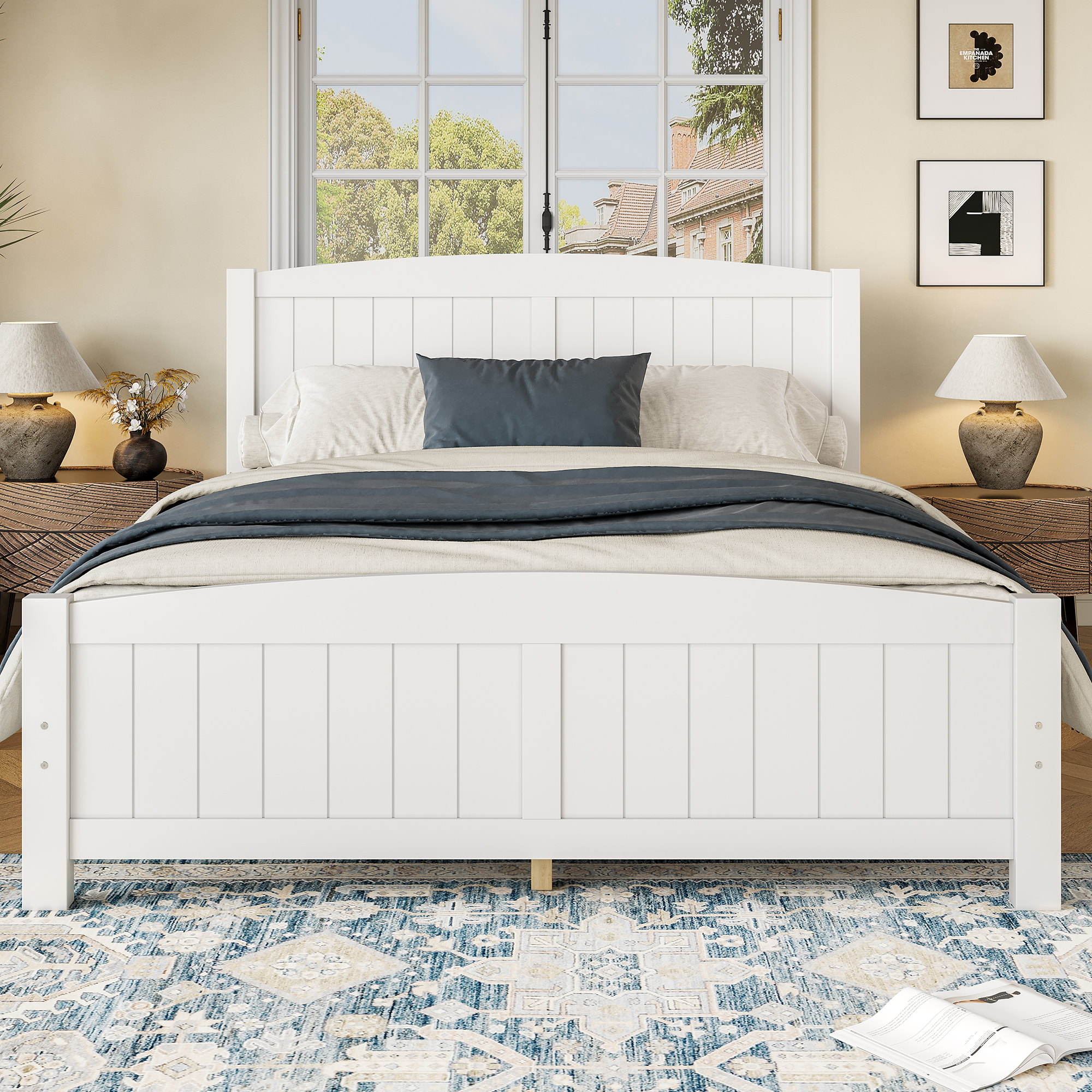 Queen Size Platform Bed, Solid Wood Platform Bed with Support Slats and Strong Structure, No Box Spring Needed, White - Image 3