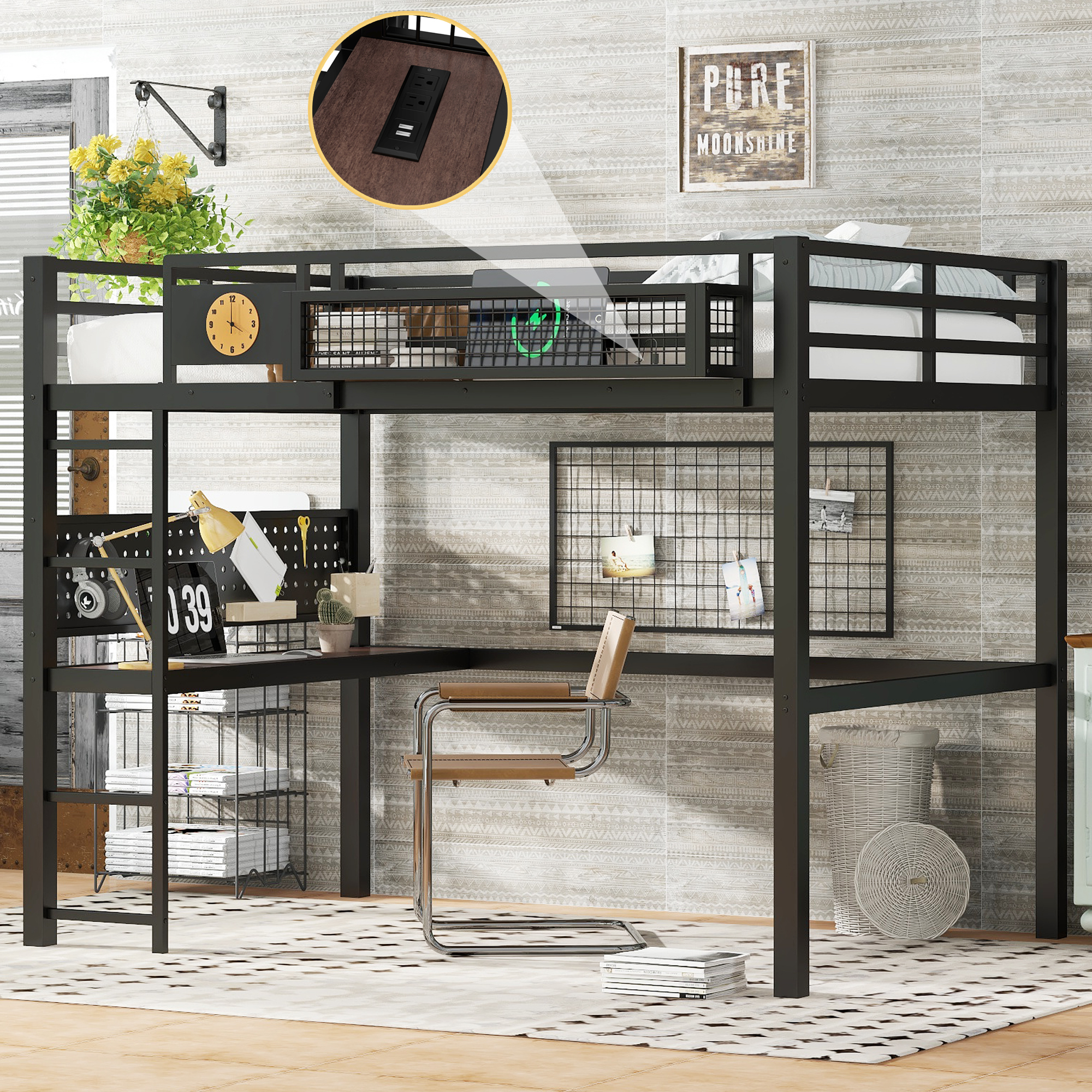 Queen Size Loft Bed Frame with desk, storage basket,Metal Loft Bed with clock,and charging port,black - Image 1