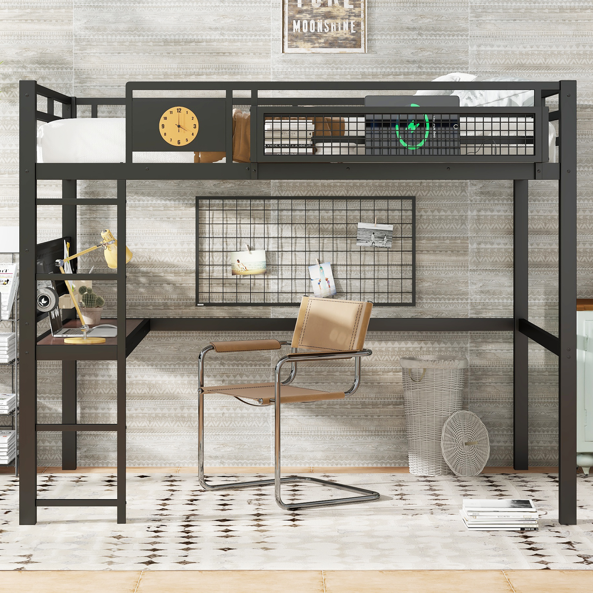 Queen Size Loft Bed Frame with desk, storage basket,Metal Loft Bed with clock,and charging port,black - Image 2