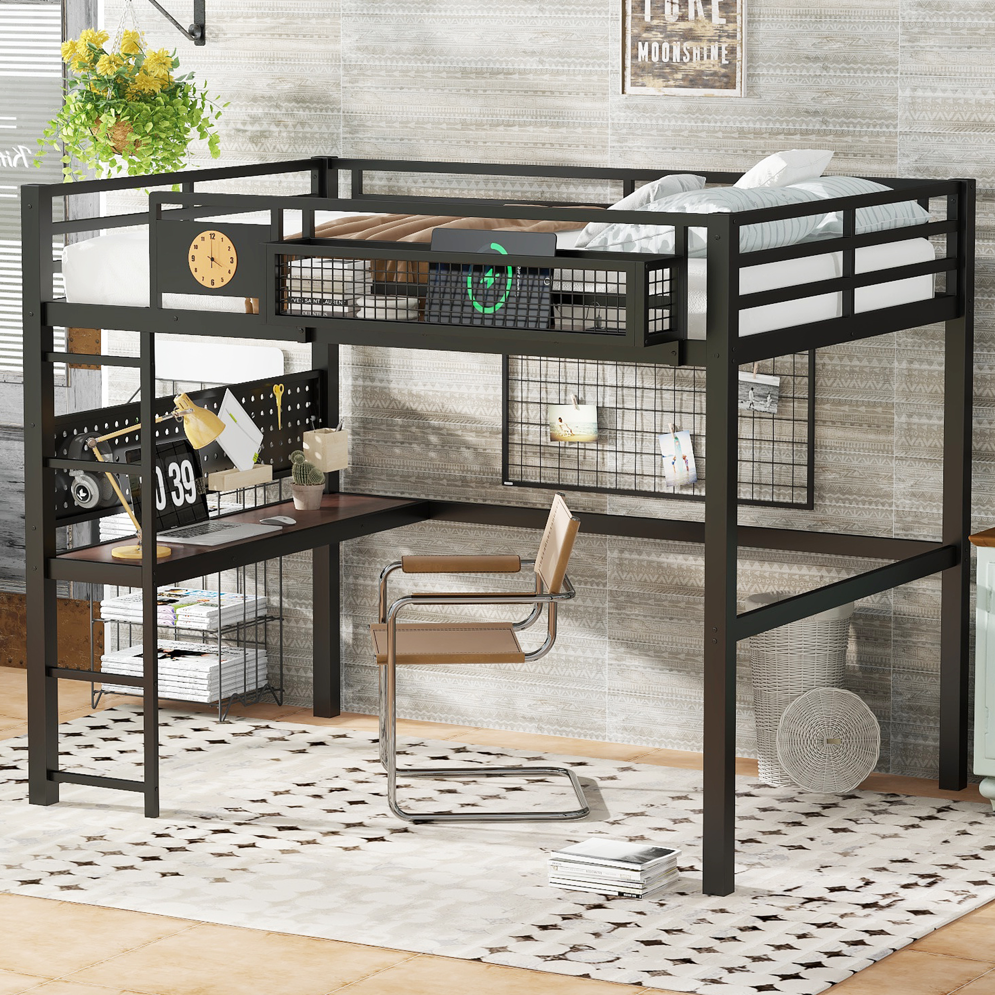 Queen Size Loft Bed Frame with desk, storage basket,Metal Loft Bed with clock,and charging port,black - Image 3