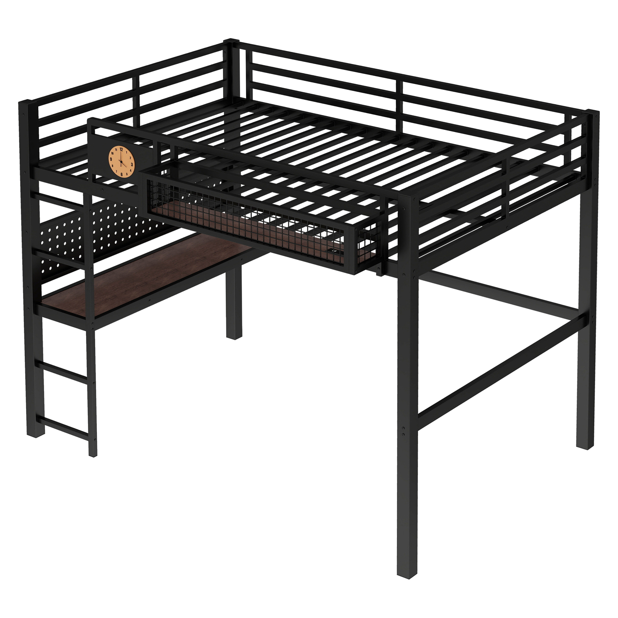 Queen Size Loft Bed Frame with desk, storage basket,Metal Loft Bed with clock,and charging port,black - Image 5