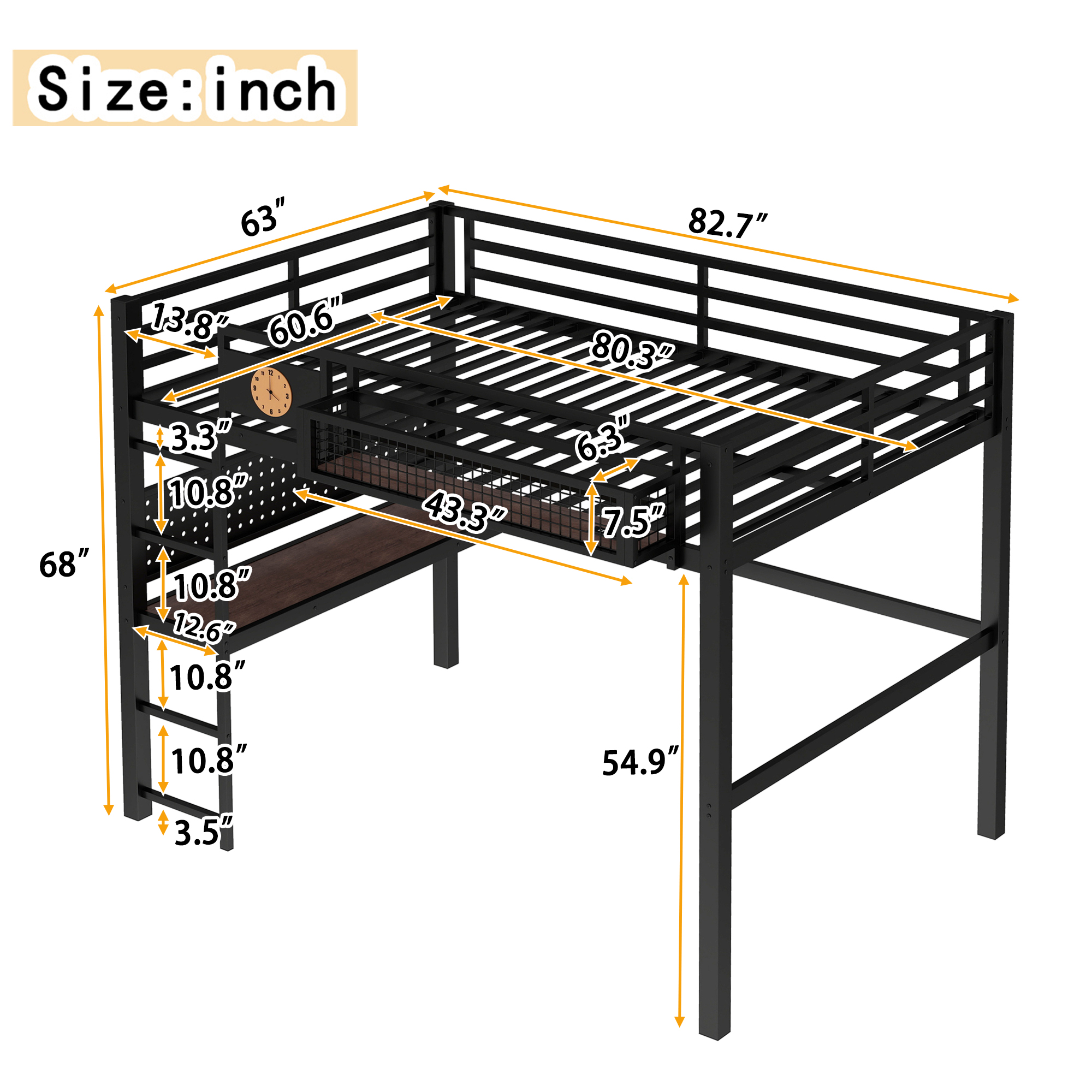 Queen Size Loft Bed Frame with desk, storage basket,Metal Loft Bed with clock,and charging port,black - Image 4