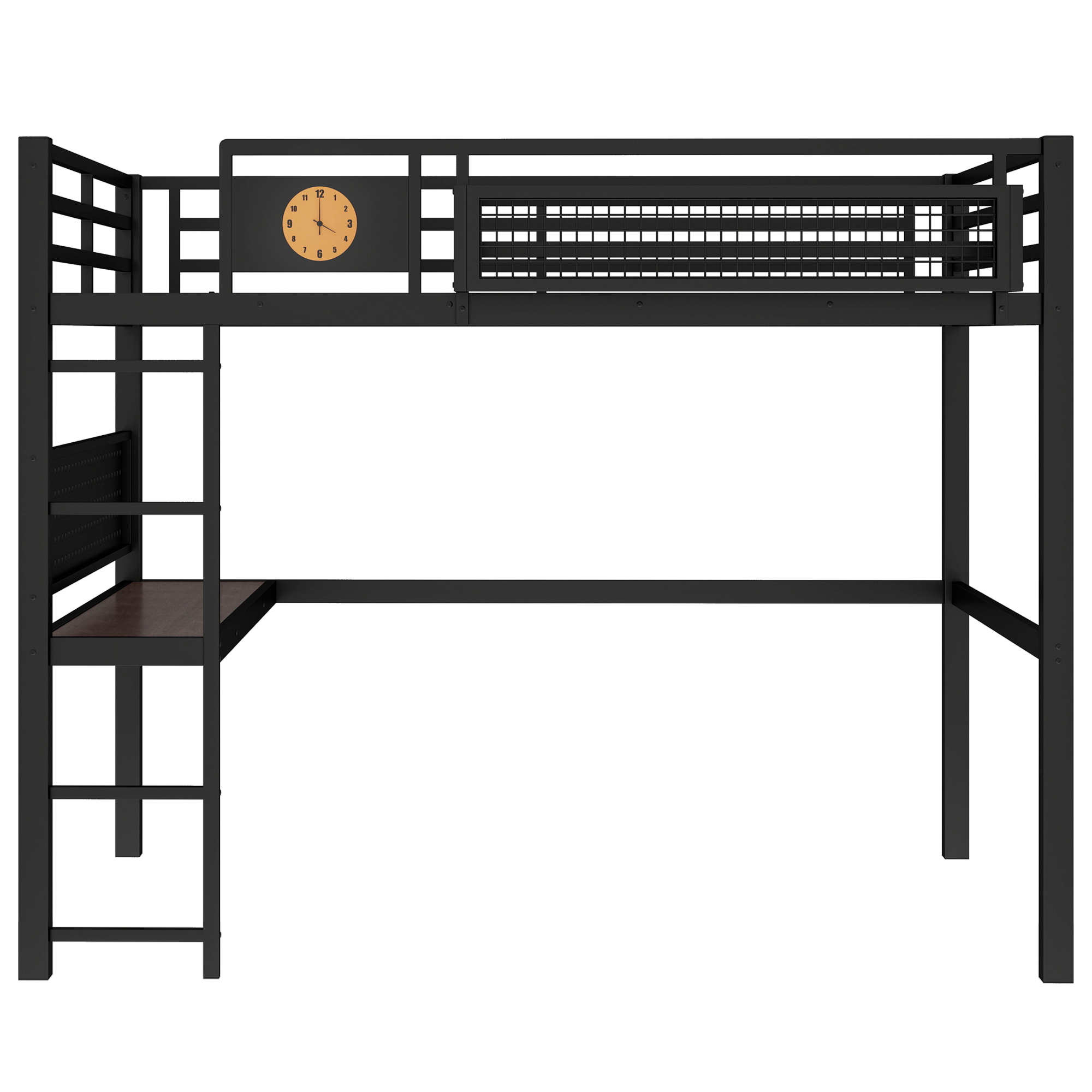 Queen Size Loft Bed Frame with desk, storage basket,Metal Loft Bed with clock,and charging port,black - Image 6