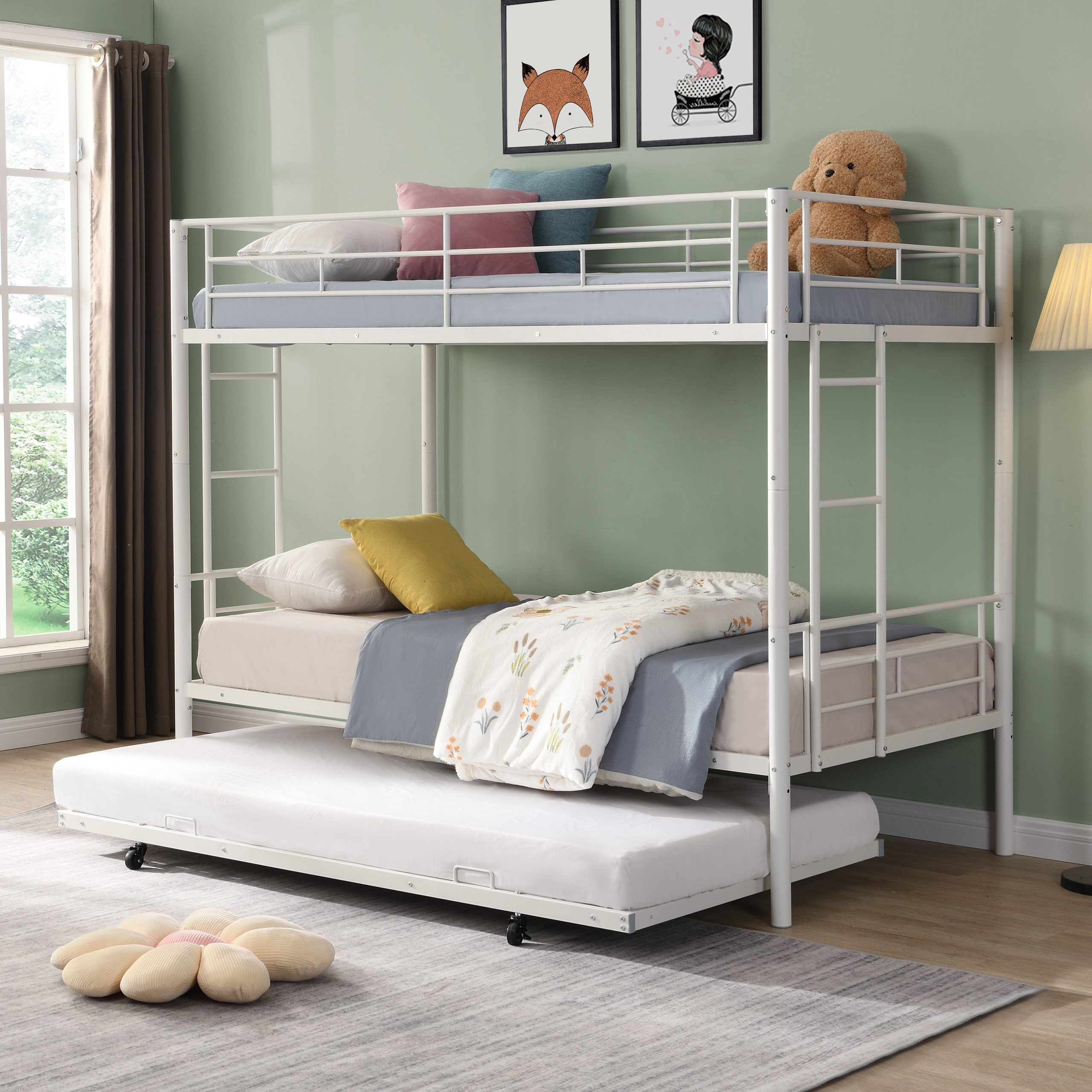 METAL Bunk Bed with trundle WHITE - Image 1