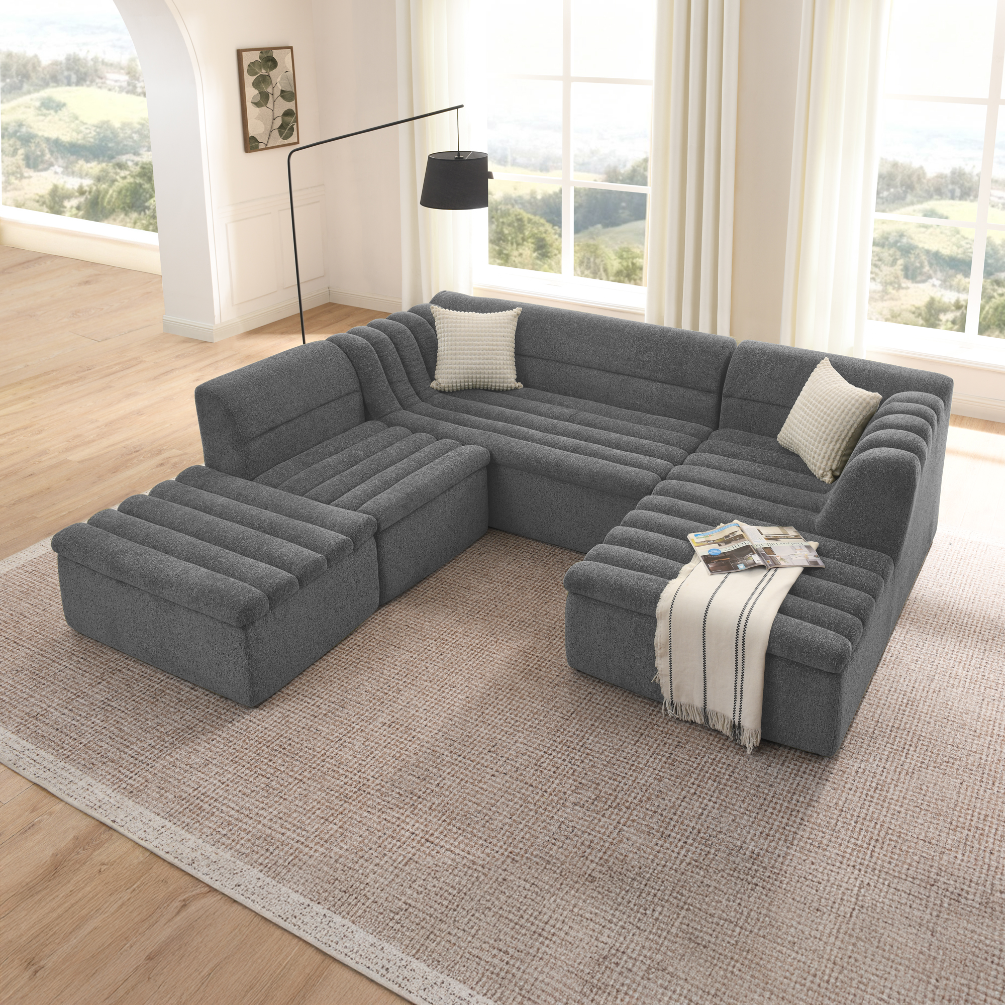 135" U-Shaped Modular Sectional Sofa with Chaise and Movable Ottoman for Living Room, Chenille Upholstered Boneless Couches with Wave-Shaped Armrest, No Pillows Included - Image 4