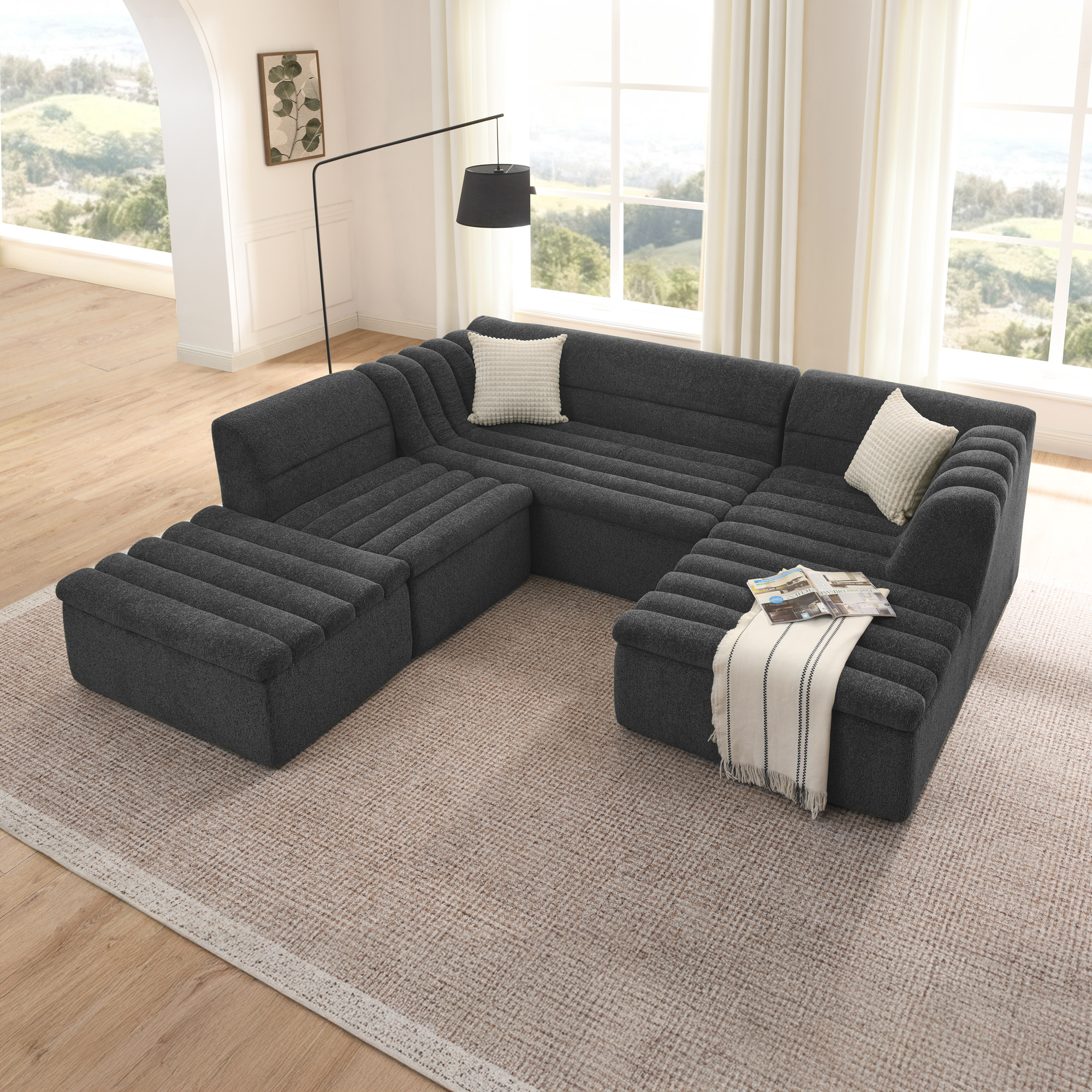 135" U-Shaped Modular Sectional Sofa with Chaise and Movable Ottoman for Living Room, Chenille Upholstered Boneless Couches with Wave-Shaped Armrest, No Pillows Included - Image 3