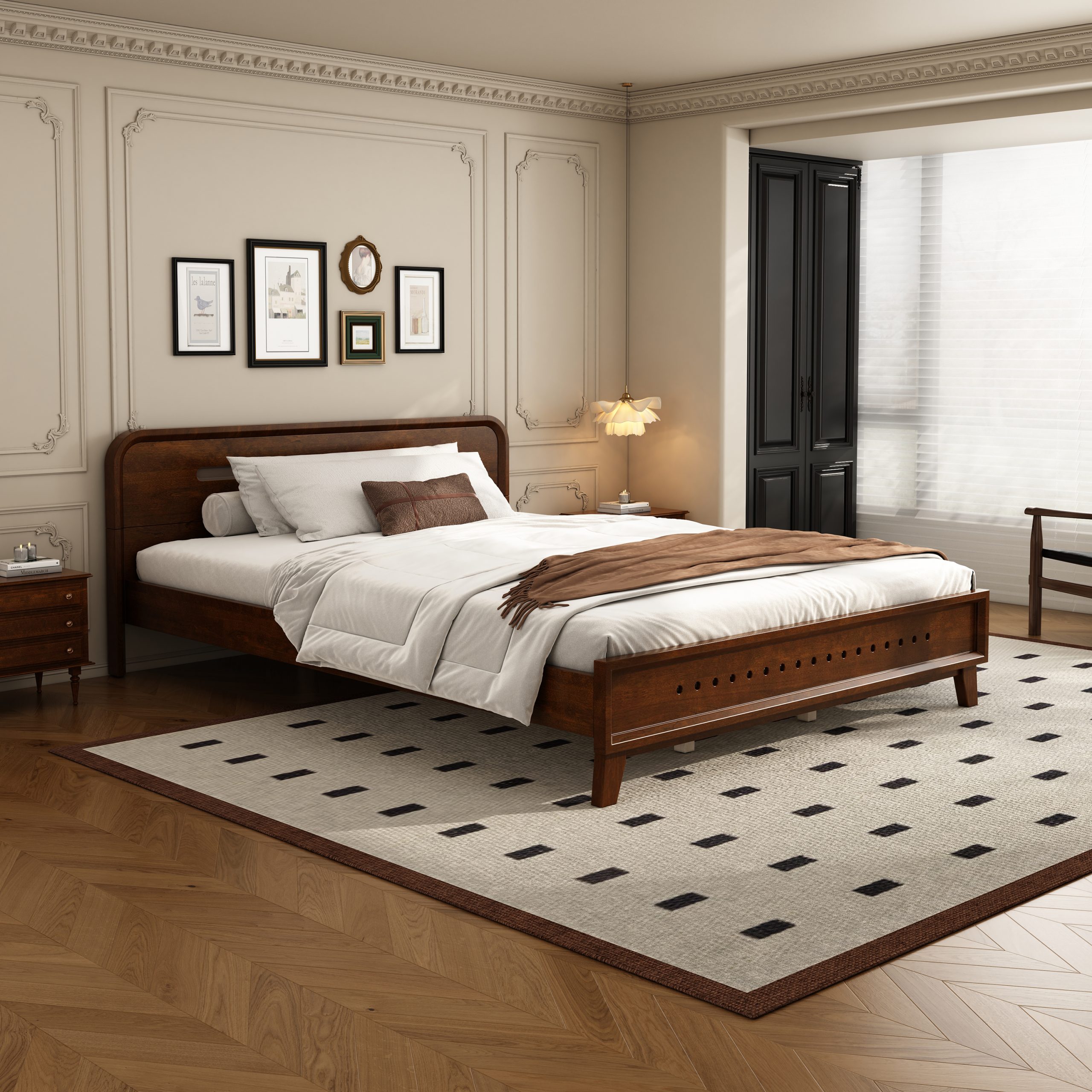 PINE SOLID WOOD QUEEN SIZE BED, SOLID AND STABLE, NO BOX SPRING NEEDED, DARK WALNUT COLOR